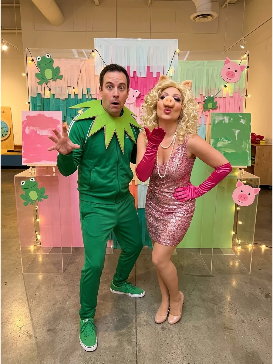 Couple dressed as Kermit and Miss Piggy in glamorous attire.