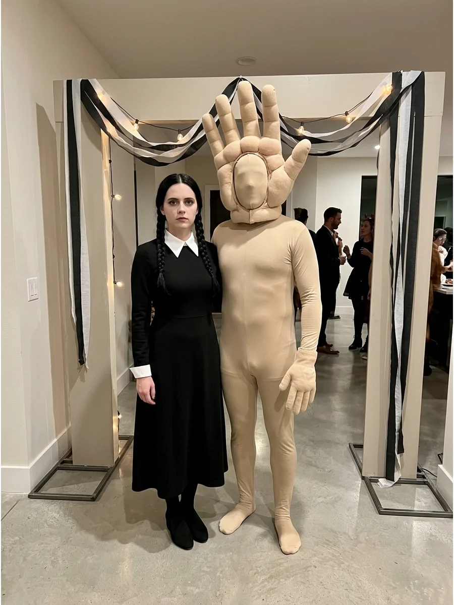 Couple dressed as Wednesday Addams and a human-sized Thing.