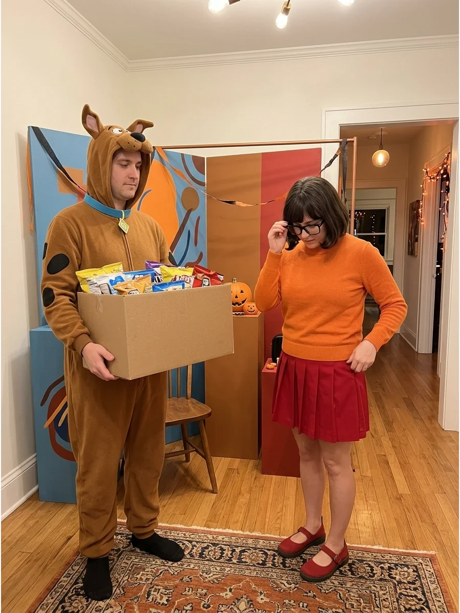 Couple dressed as Scooby-Doo and Velma with red glasses.