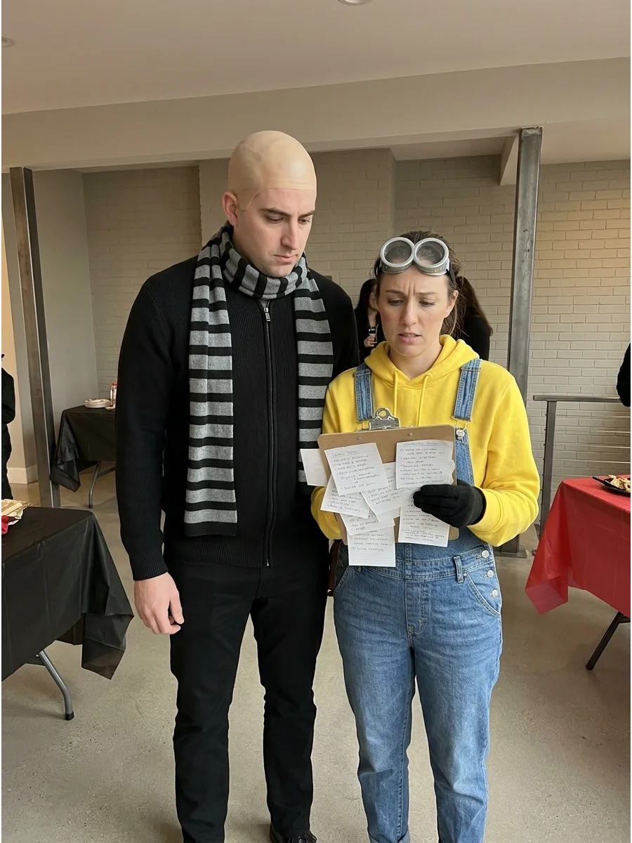 Couple dressed as Gru and a Minion with a clipboard.