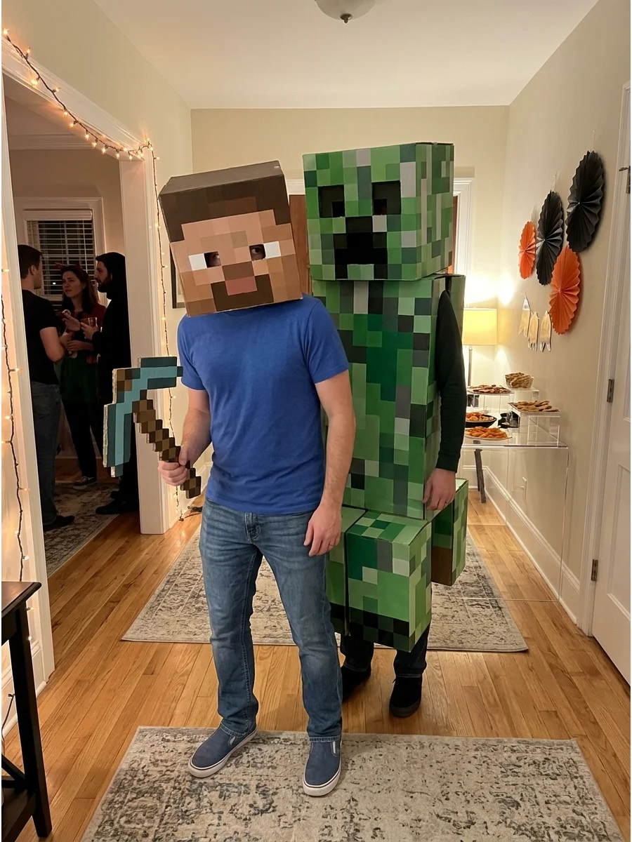 Couple wearing cardboard Minecraft Steve and Creeper heads.