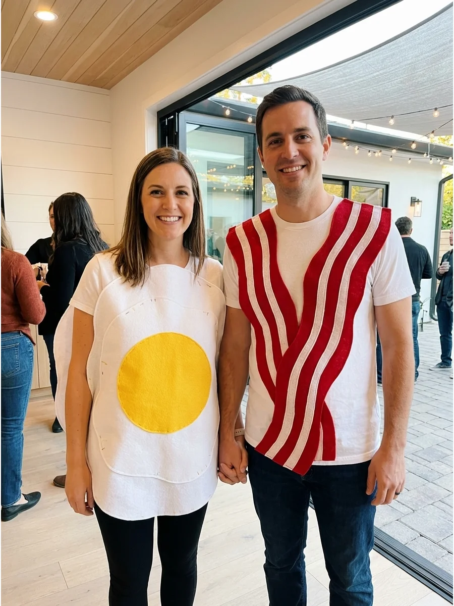 A couple dressed as a fried egg and a strip of bacon.