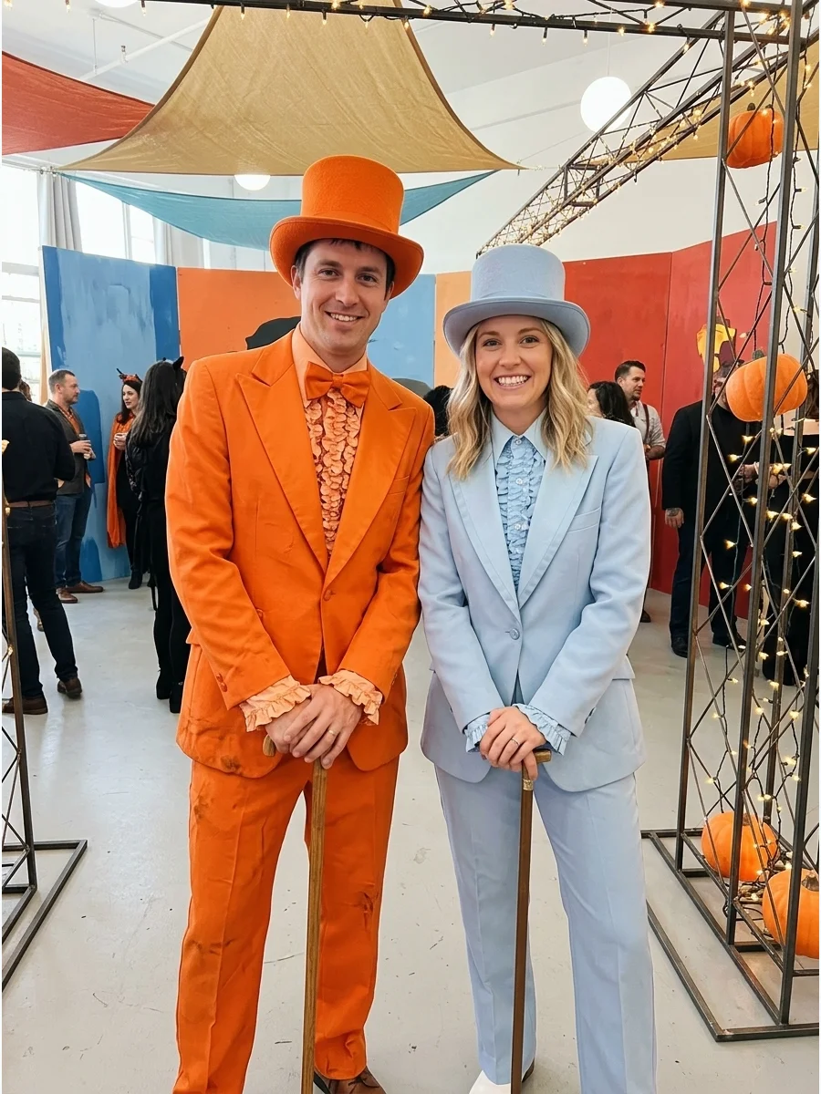 Couple wearing orange and blue tuxedos with top hats.