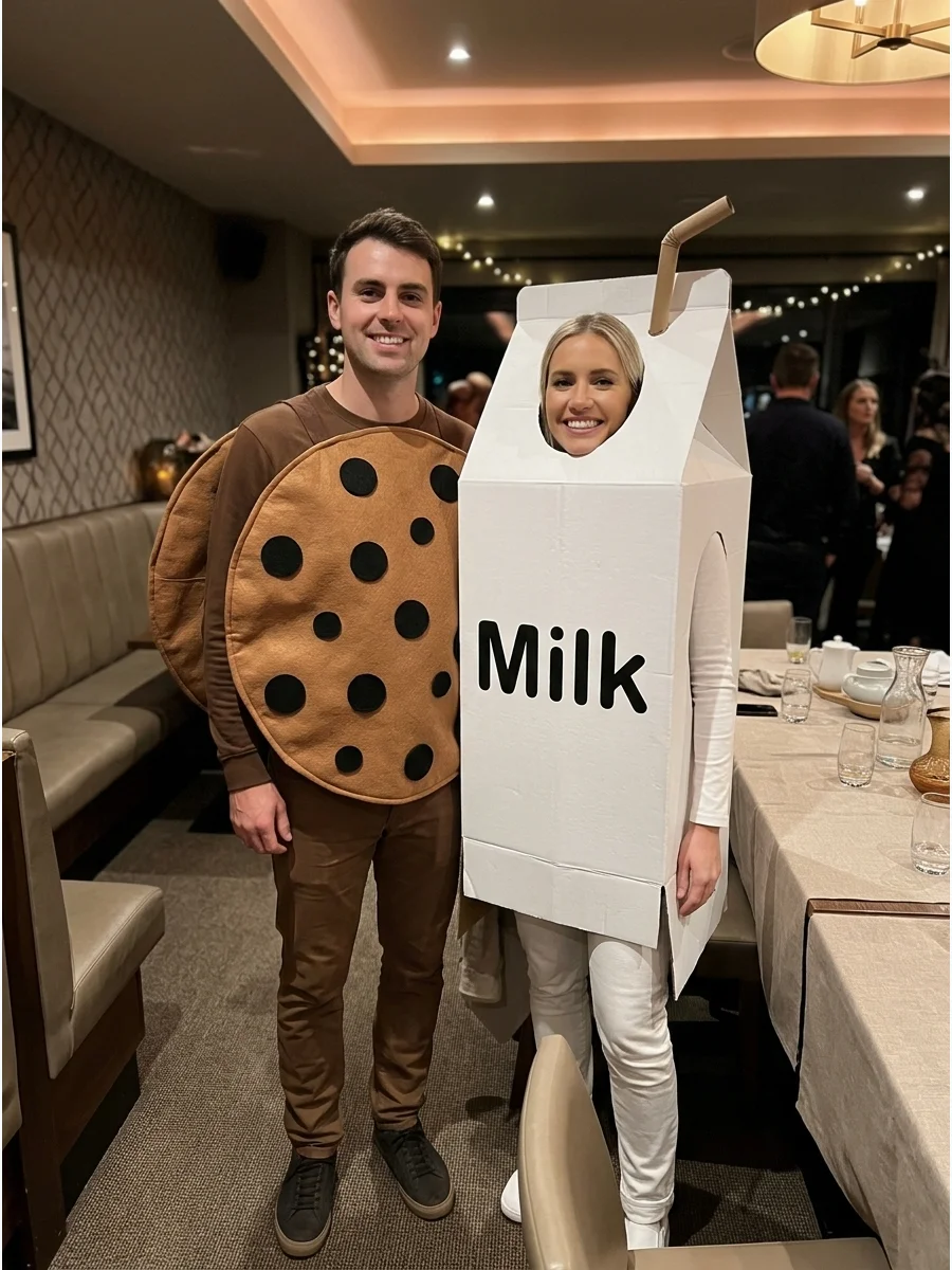 A couple wearing homemade cookie and milk carton costumes.