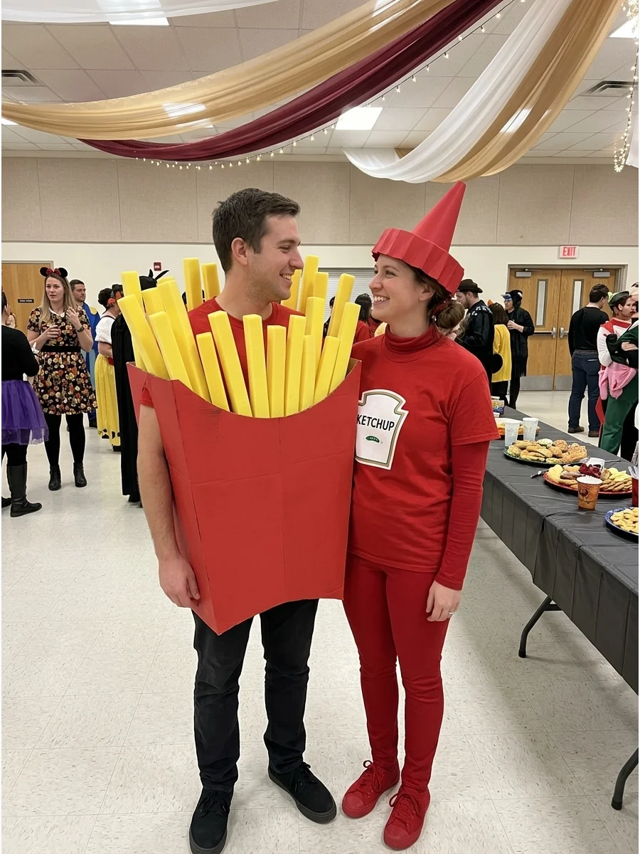 A couple dressed as a box of french fries and a ketchup bottle.