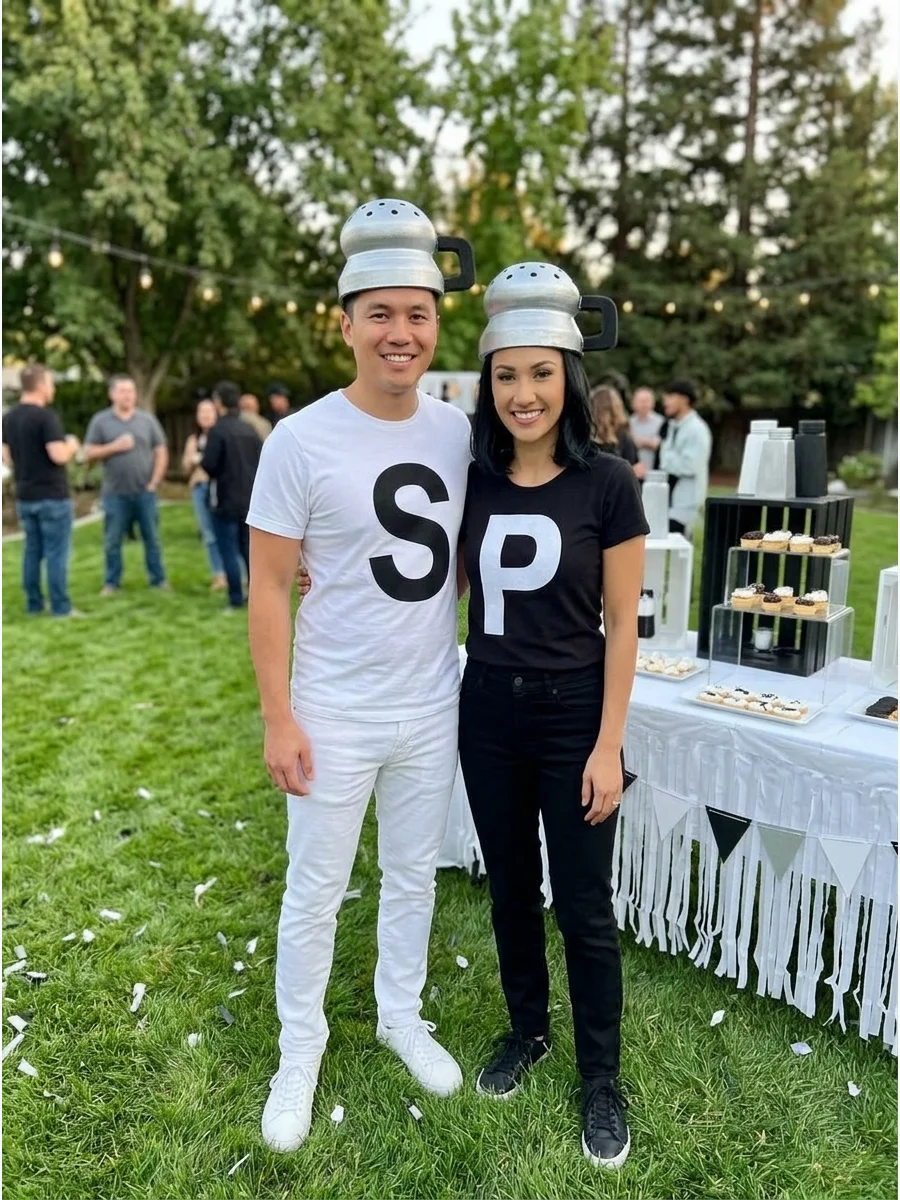 A couple in simple black and white salt and pepper shaker costumes.