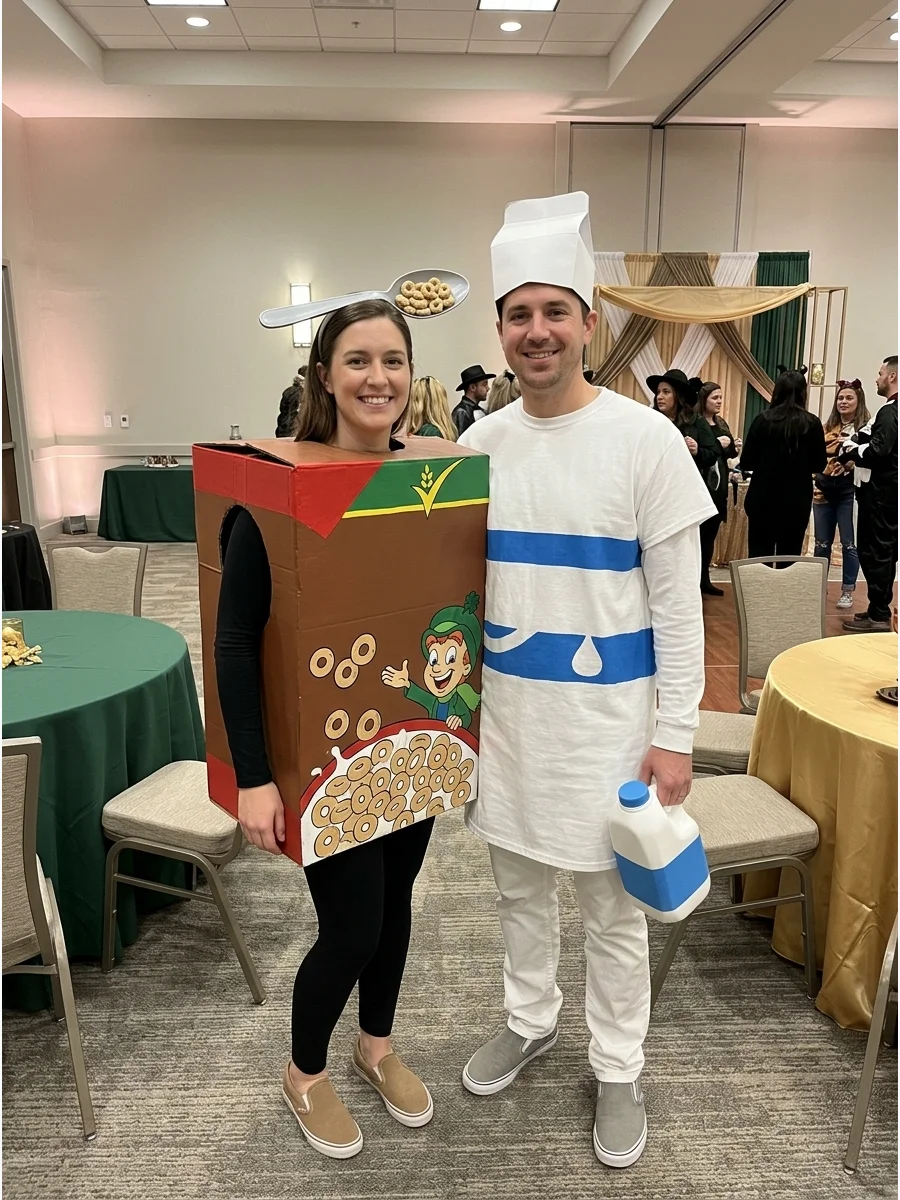A couple dressed as a giant cereal box and a carton of milk.
