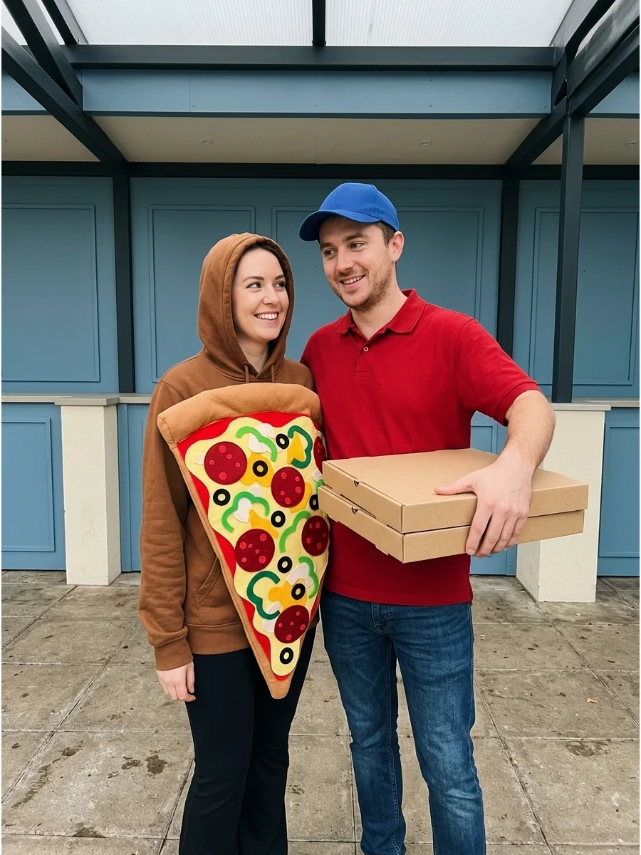 A couple dressed as a pizza slice and a delivery person.