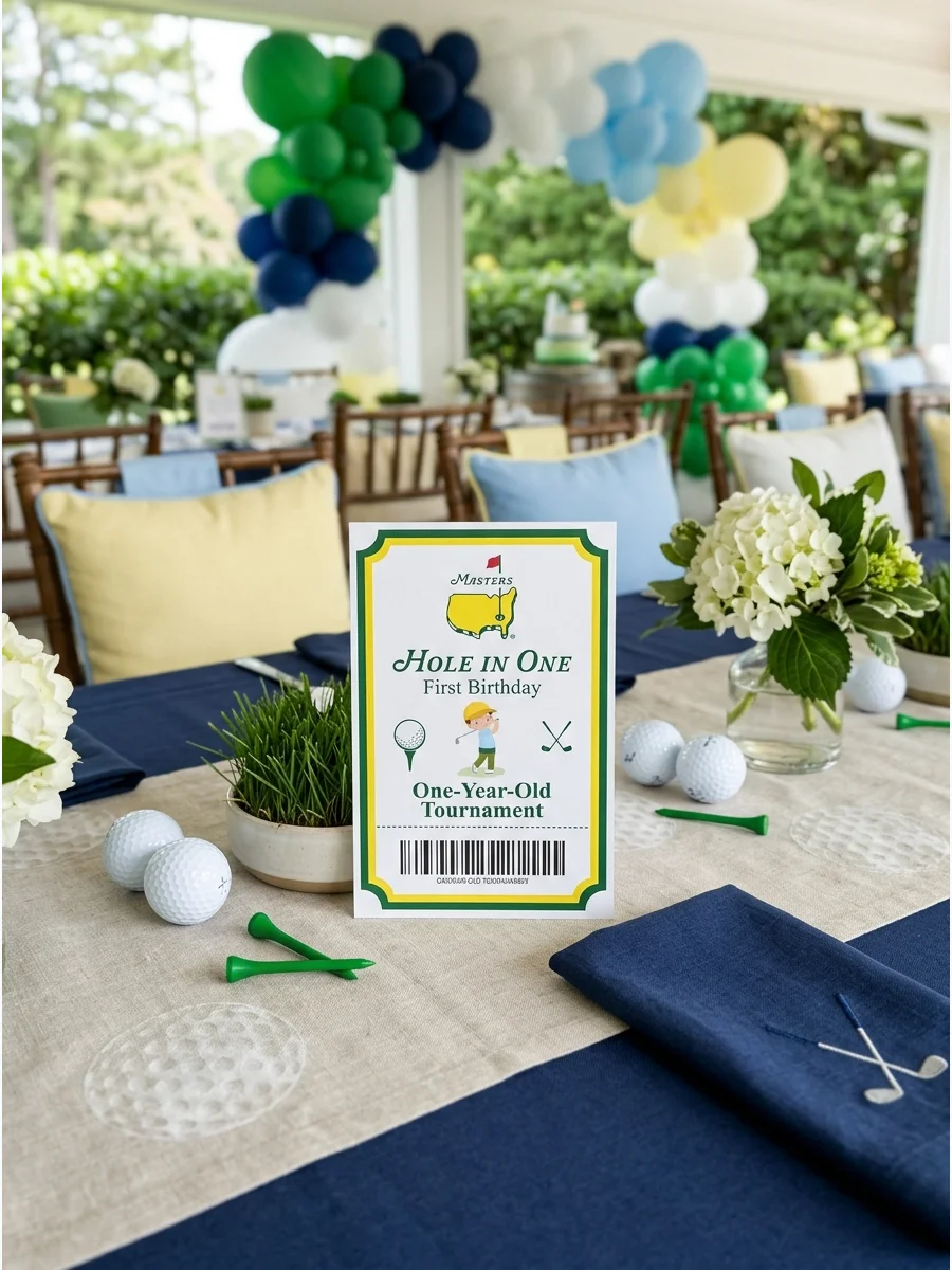 A flat-lay photo of a first birthday invitation designed to look like a vintage Masters golf tournament ticket.