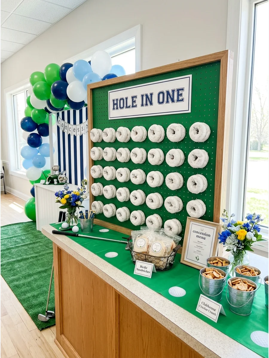 A vertical green pegboard with white powdered donuts hanging on each peg and a 'Hole in One' sign.