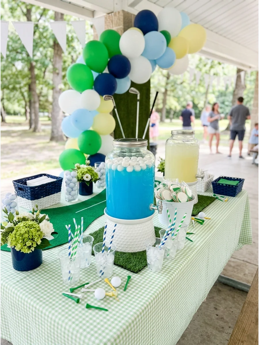 A large glass beverage dispenser filled with bright blue punch and white spherical marshmallows.