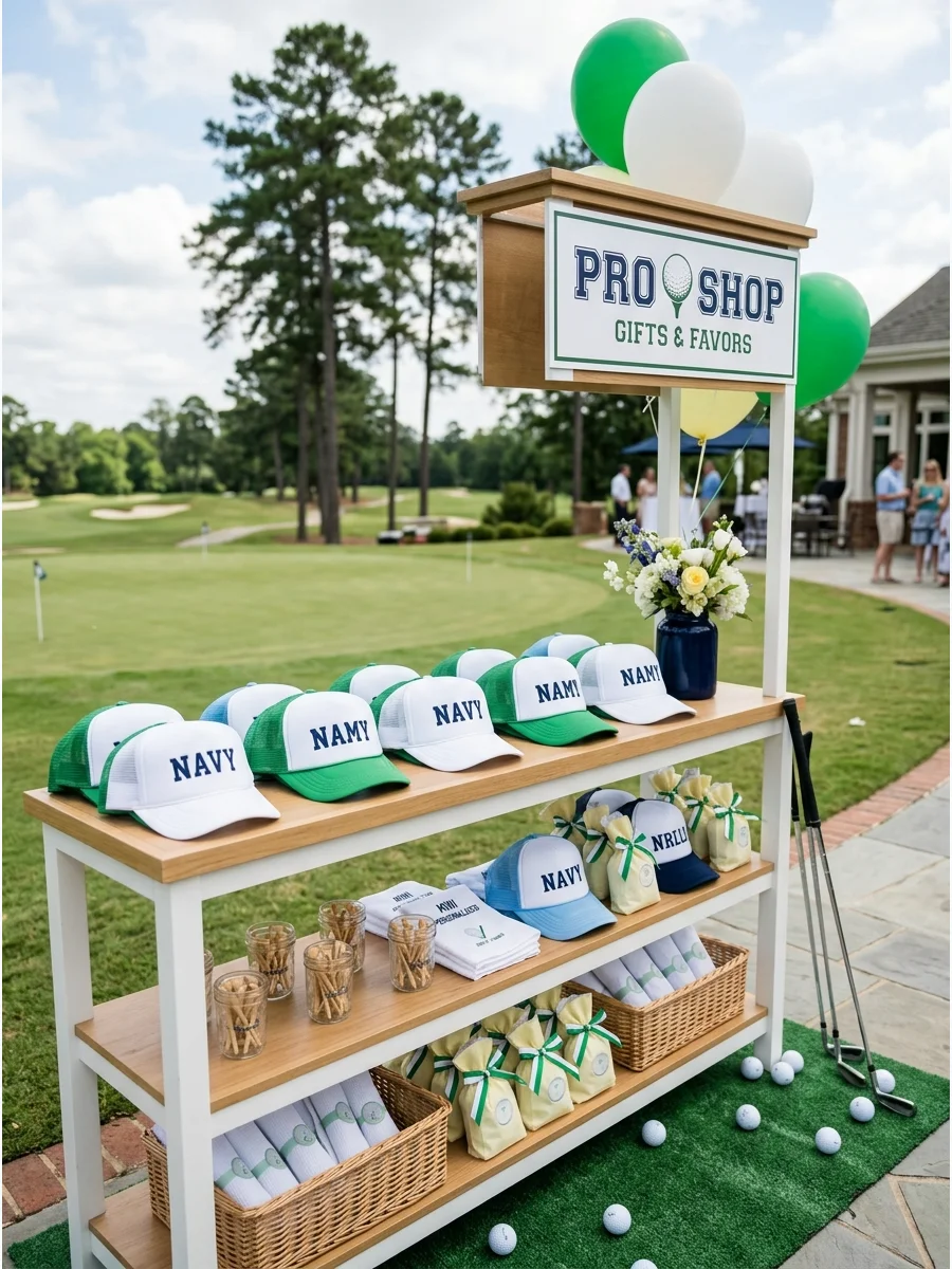 A row of white and green foam visors and hats displayed on a wooden shelf with athletic font text.