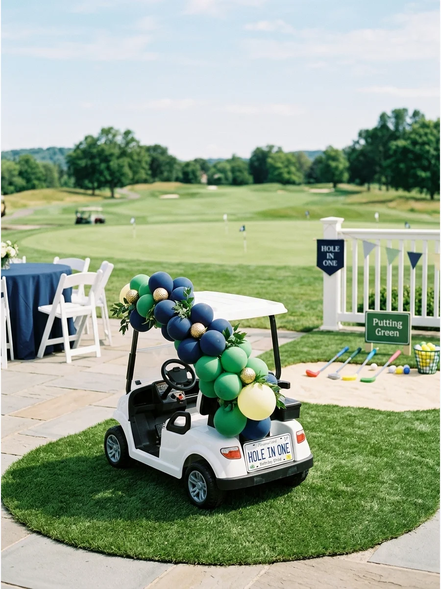 A small white plastic toy golf cart decorated with a balloon garland and parked on artificial turf.