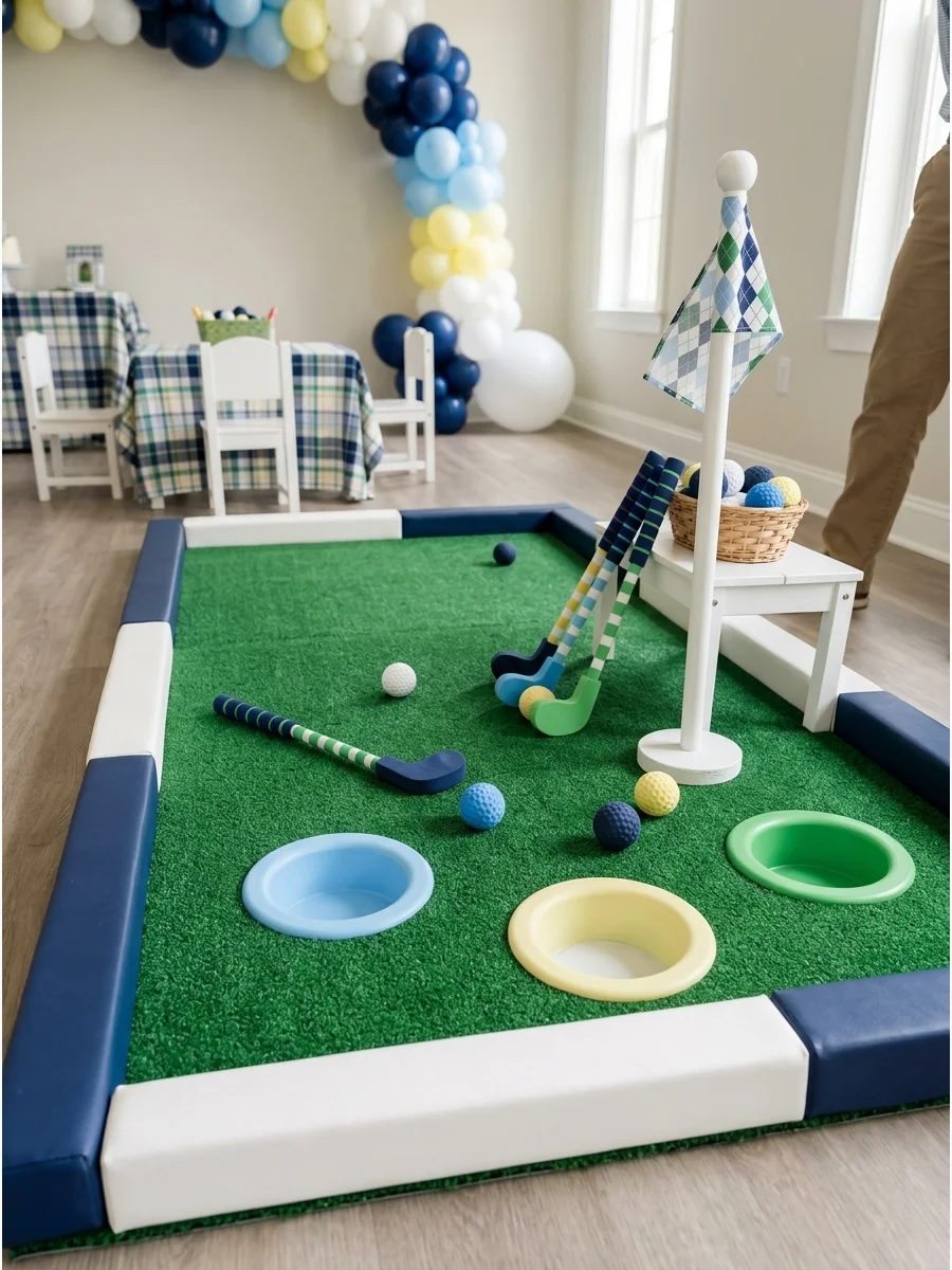 A miniature putting green made of soft foam and artificial turf with oversized plastic holes.