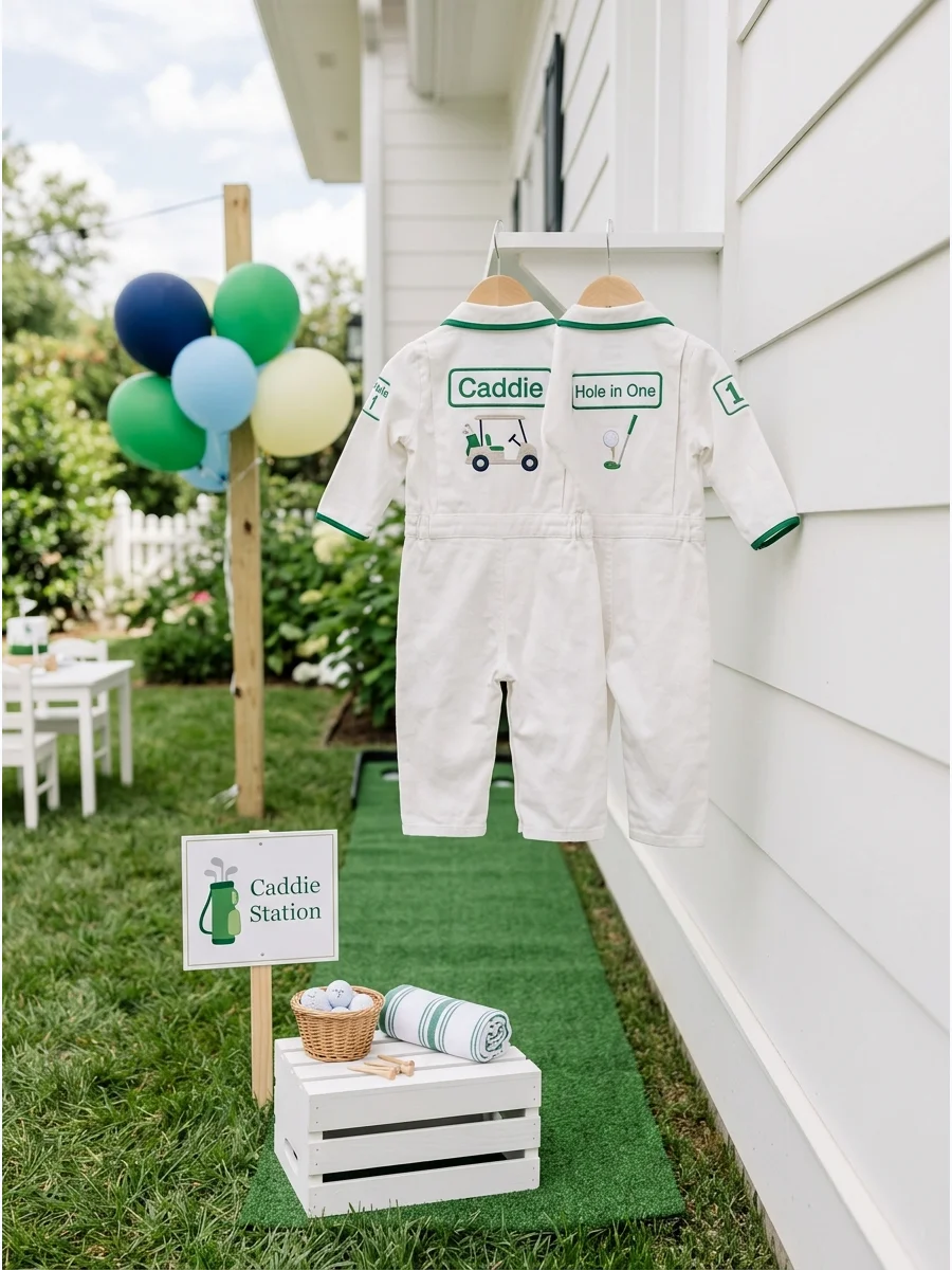 A toddler-sized white canvas jumpsuit with green trim and a custom 'Caddie' patch on the back.