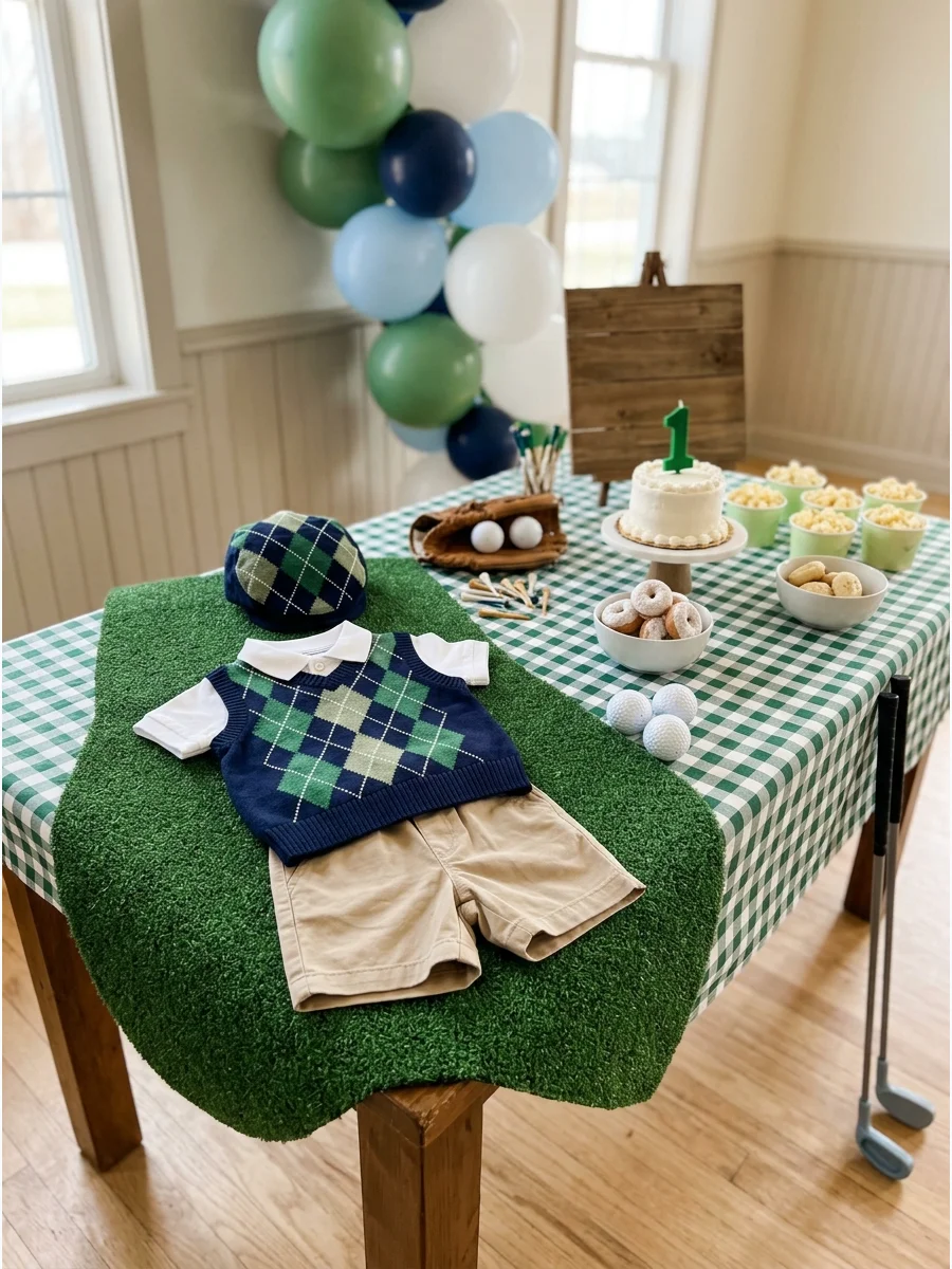 A flat-lay of a baby boy's outfit featuring an argyle sweater vest, polo shirt, and newsboy cap.
