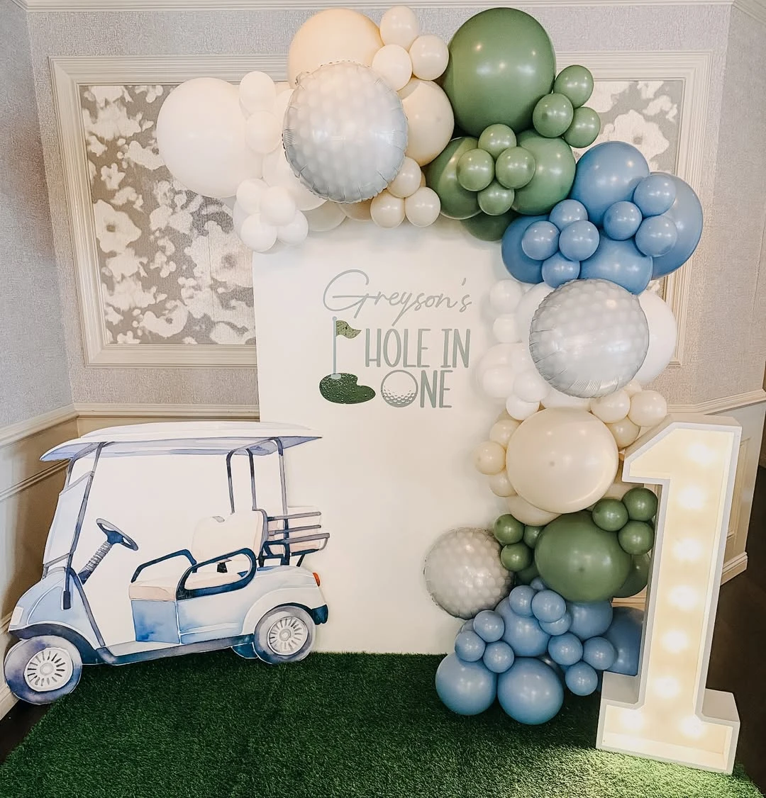 Layered Golf Cart Backdrop hole in one first birthday