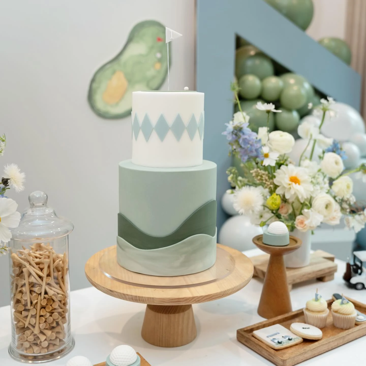 Patterned Hillside Tiered Cake hole in one first birthday