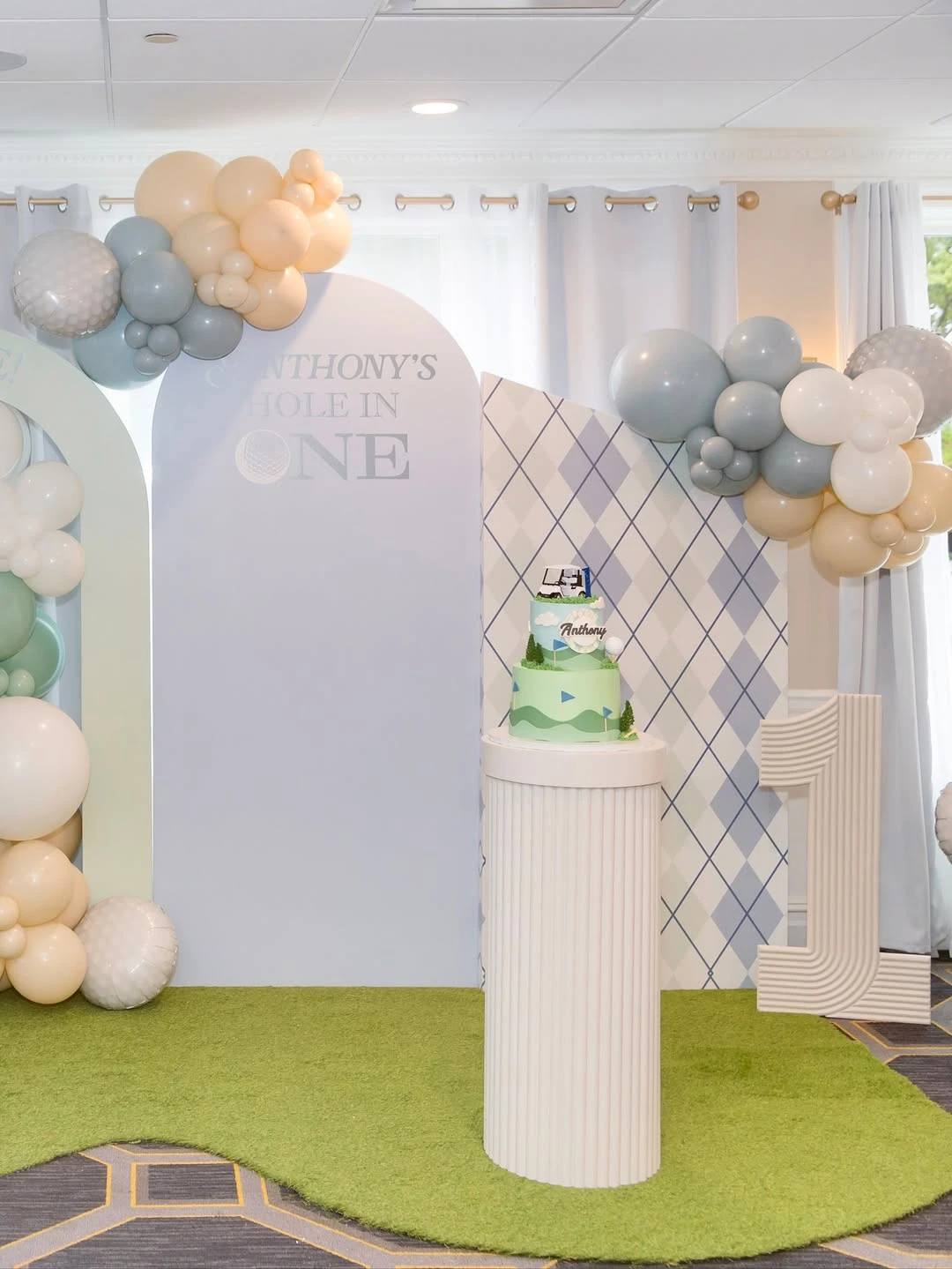 Layered Argyle Backdrops hole in one first birthday