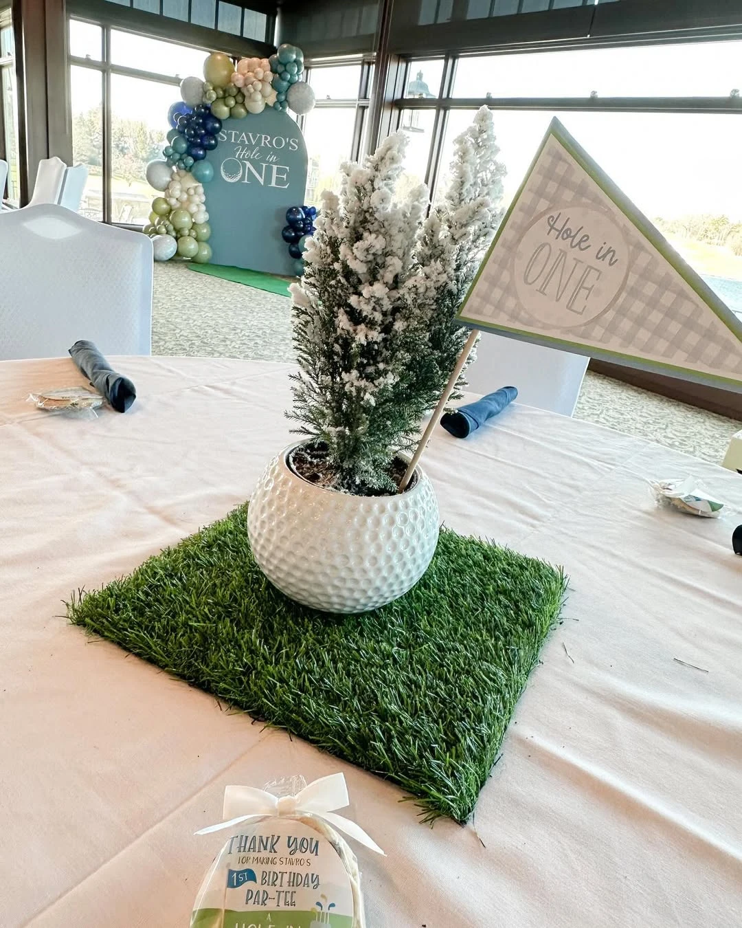 Textural Fairway Centerpieces hole in one first birthday