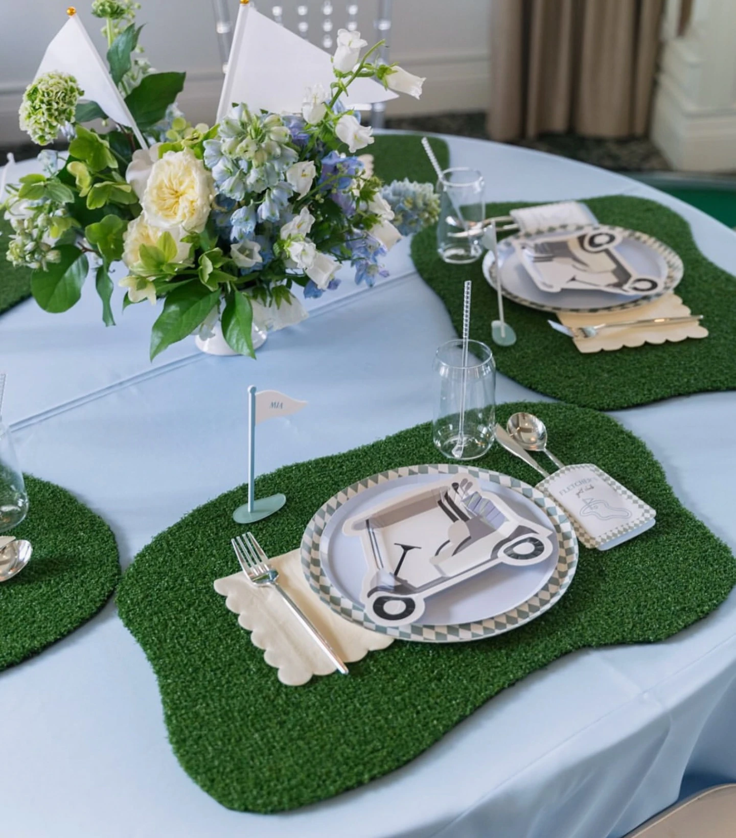 Organic Turf Table Settings hole in one first birthday