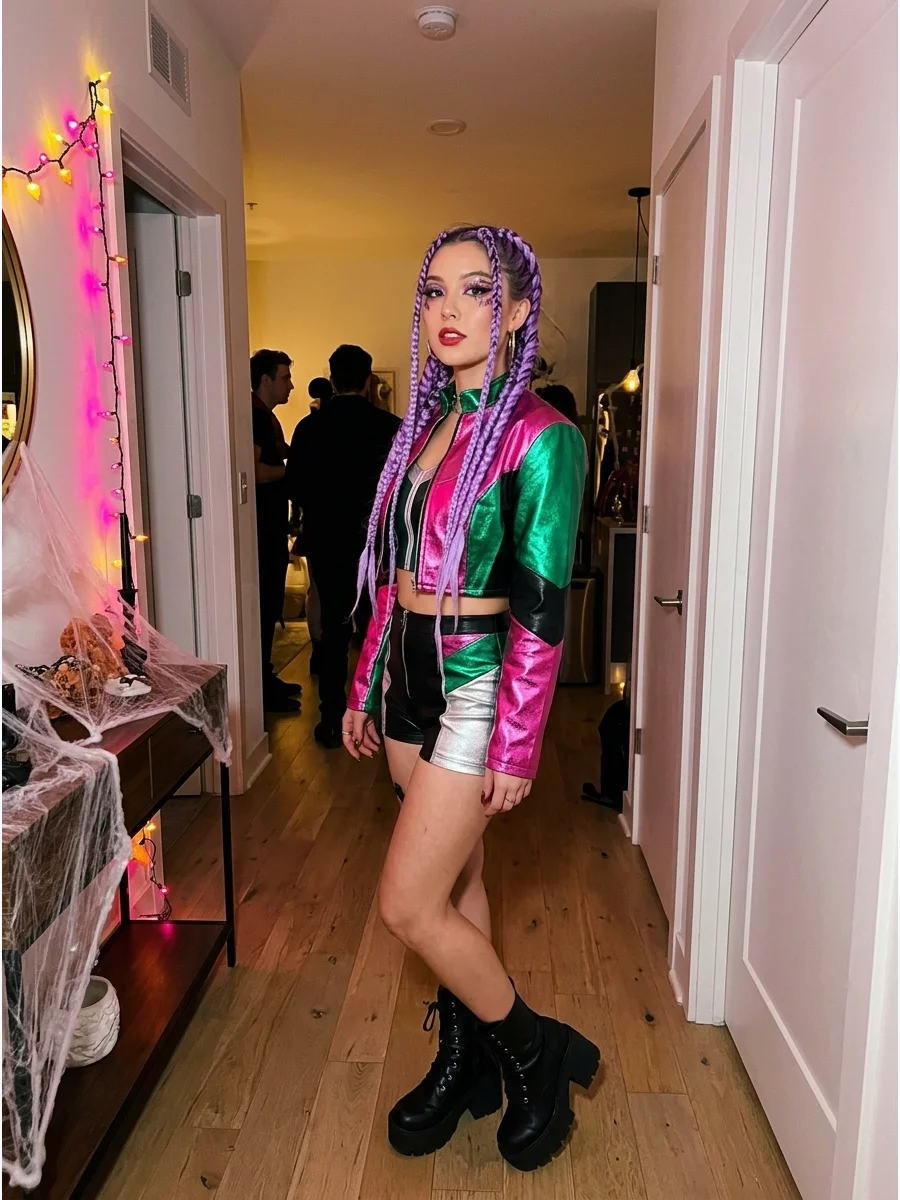 Rumi From KPop Demon Hunters. Recreate Rumi’s standout performer style with a colorful cropped jacket, coordinated stage outfit, long purple braids, platform boots, and bold fantas