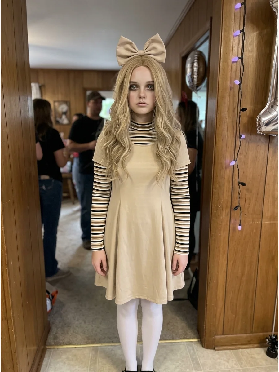 M3GAN. A beige A-line dress layered over a striped shirt, white tights, black shoes, oversized bow, and long blonde hair make this creepy costume immediately recognizable. Iconic h