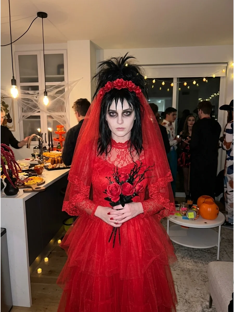 Lydia Deetz. Recreate Lydia’s unforgettable red wedding look with a layered red dress, red veil, dramatic dark eye makeup, and messy black hair. Iconic halloween costumes women