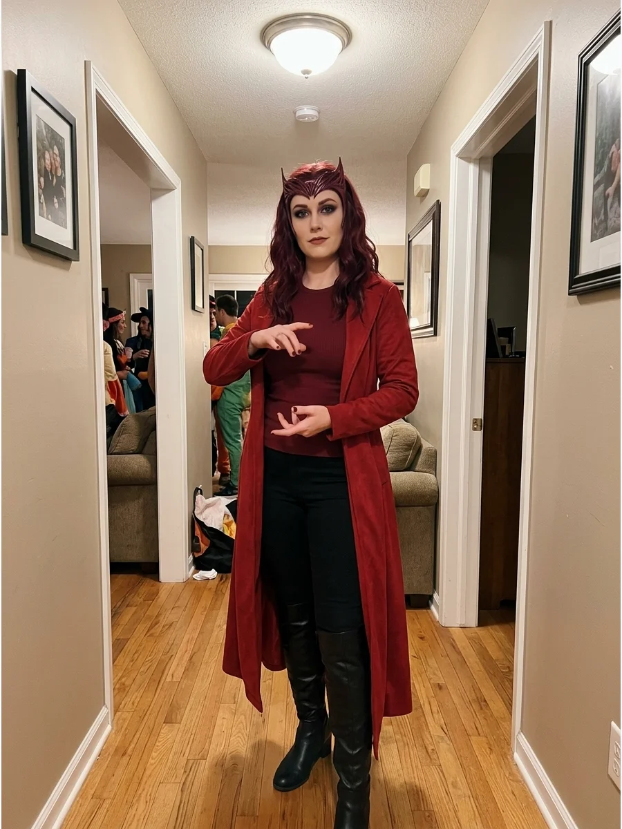 Scarlet Witch. Wear a dark red fitted top, long red coat, black pants, tall boots, red crown, and smoky makeup for a powerful Scarlet Witch transformation. Iconic Movie Costumes fo
