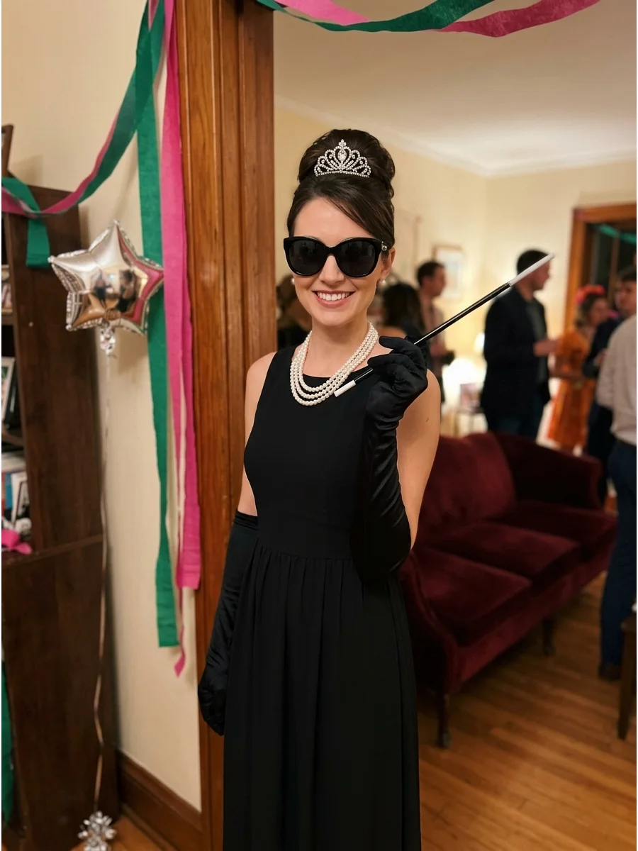 Holly Golightly From Breakfast at Tiffany’s. A long black dress, pearl necklace, elbow-length gloves, oversized sunglasses, sparkling tiara, and elegant updo create Holly Golightly