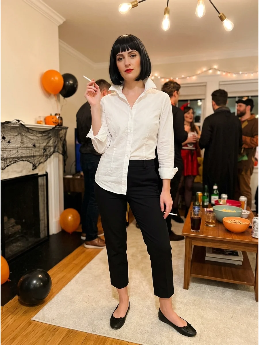 Mia Wallace From Pulp Fiction. Pair a crisp white button-down shirt with cropped black pants, black flats, red lipstick, and a sharp black bob for this simple movie costume. Iconic