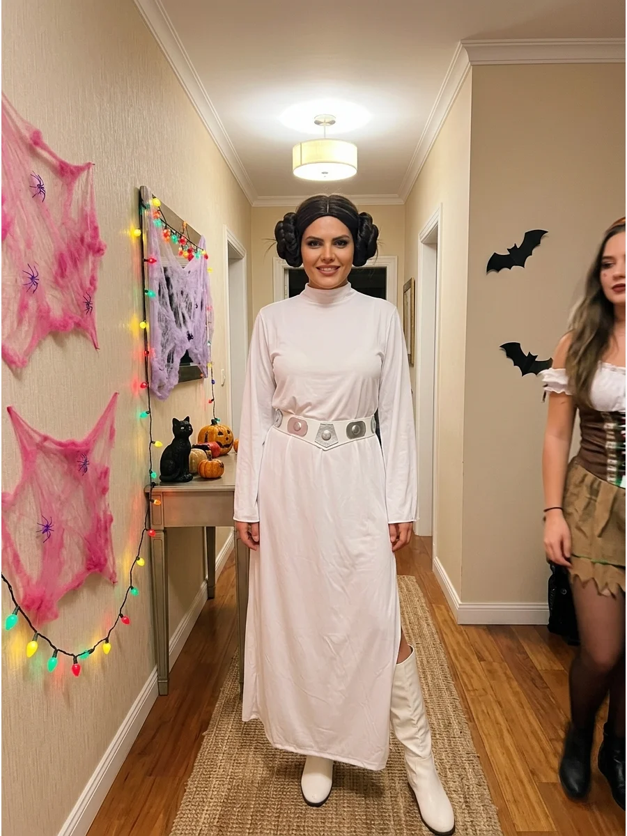 Princess Leia. A long white dress, silver belt, white boots, and Leia’s famous side-bun hairstyle create a classic costume that needs very few accessories. Iconic halloween costume
