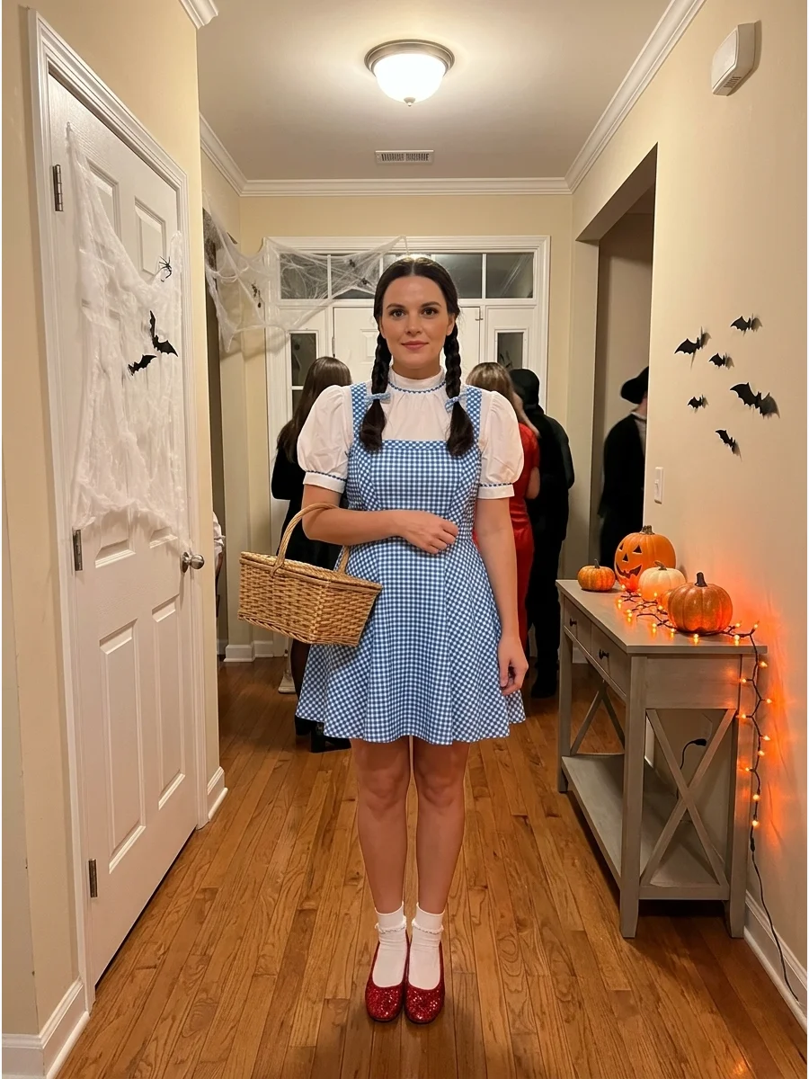 Dorothy Gale. Wear a blue gingham dress over a white blouse, red sparkling shoes, white socks, and two braided pigtails while carrying a small wicker basket. Iconic halloween costu