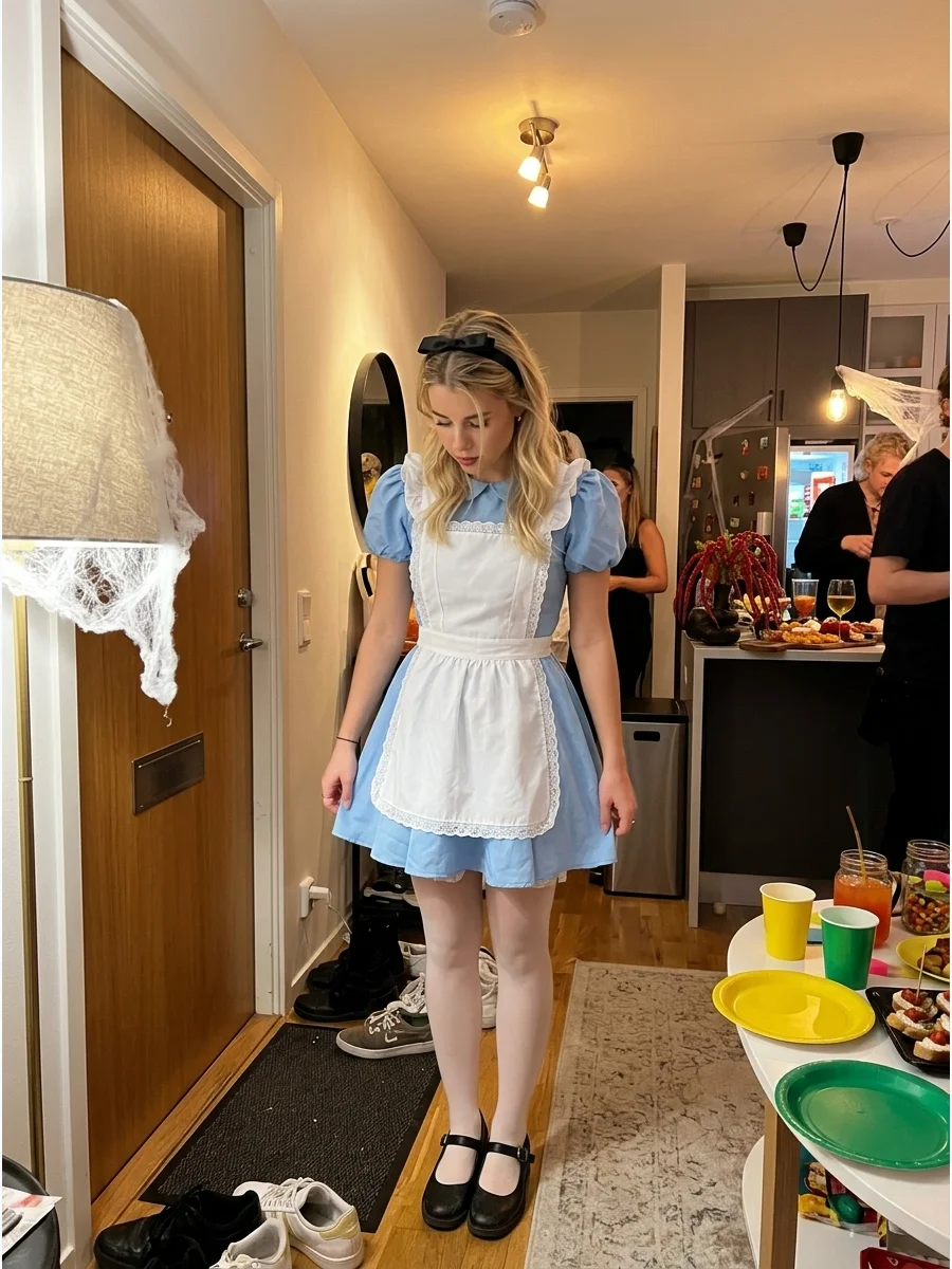 Alice in Wonderland. A light blue dress, white apron, black headband, white tights, and black Mary Jane shoes create a sweet and instantly recognizable Alice costume. Iconic hallow