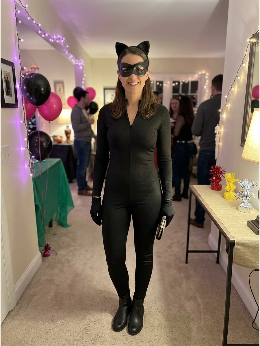 Catwoman. Dress in an all-black jumpsuit with a cat-ear headband, black gloves, ankle boots, and a sleek eye mask for a simple but iconic superhero costume. Iconic halloween costum