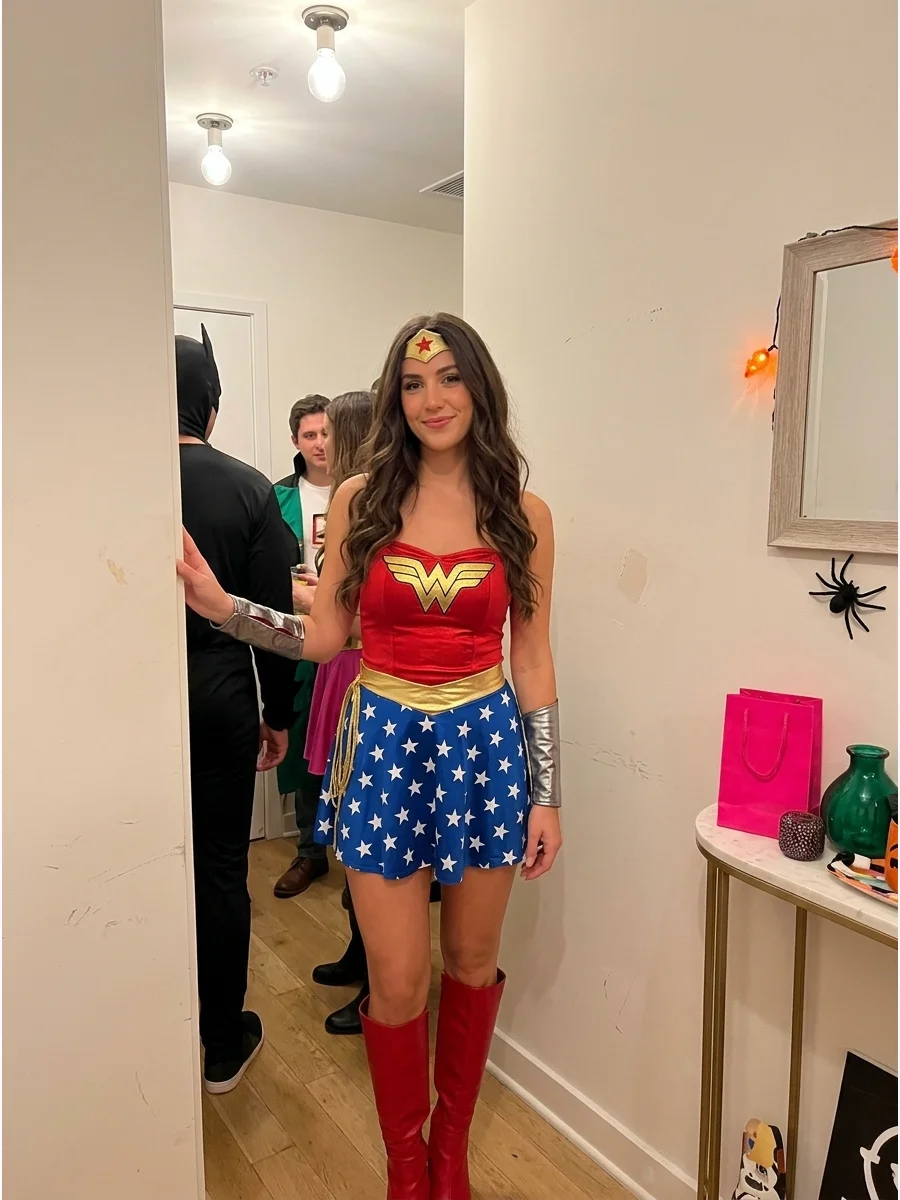 Wonder Woman. Wear a red-and-blue superhero dress with metallic cuffs, a gold headband, red boots, and long waves for a classic Wonder Woman transformation. Iconic halloween costum