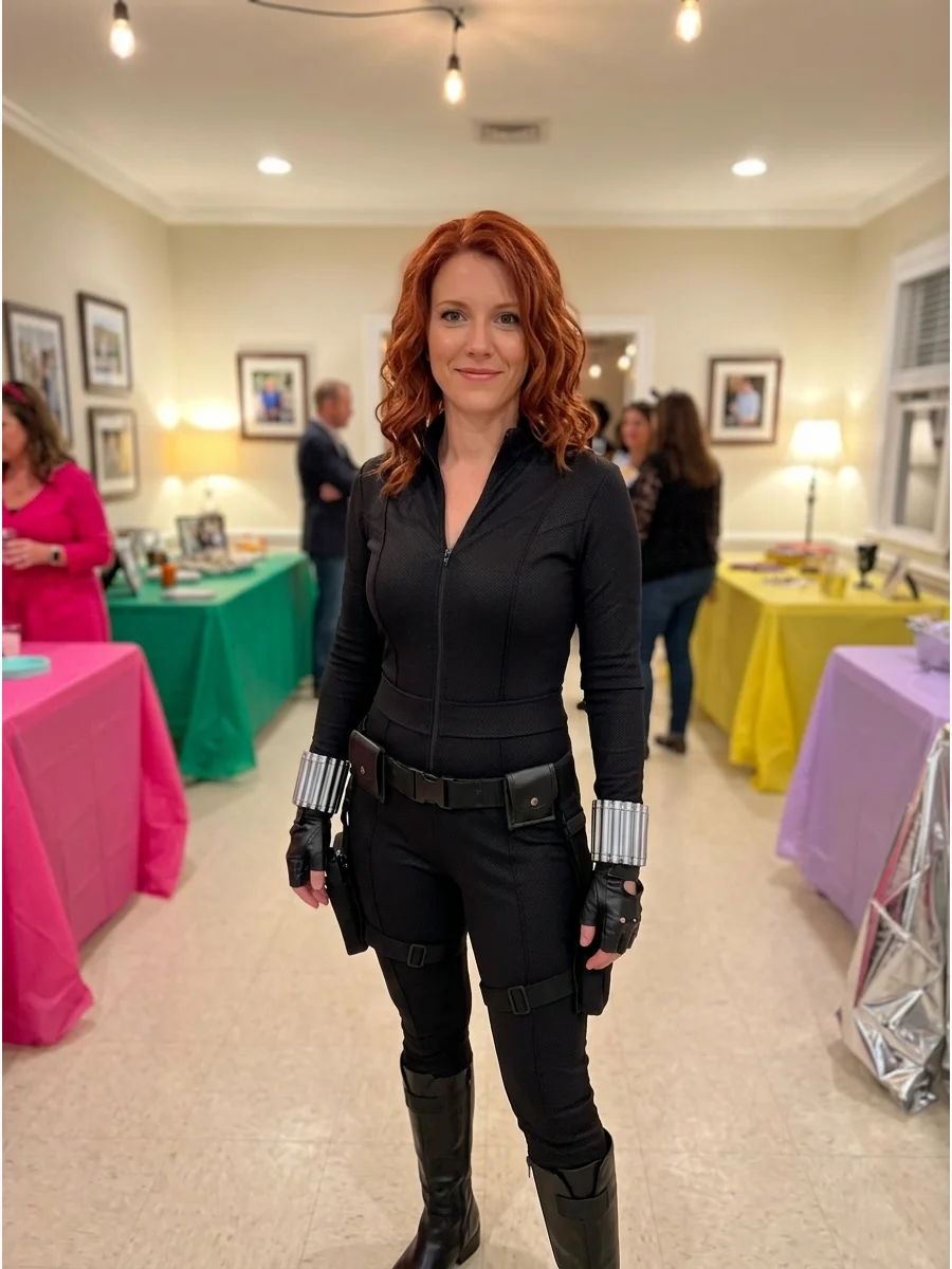 Black Widow. A fitted black jumpsuit, utility-style belt, black boots, wrist cuffs, and shoulder-length red hair create a practical Black Widow costume. Iconic halloween costumes w