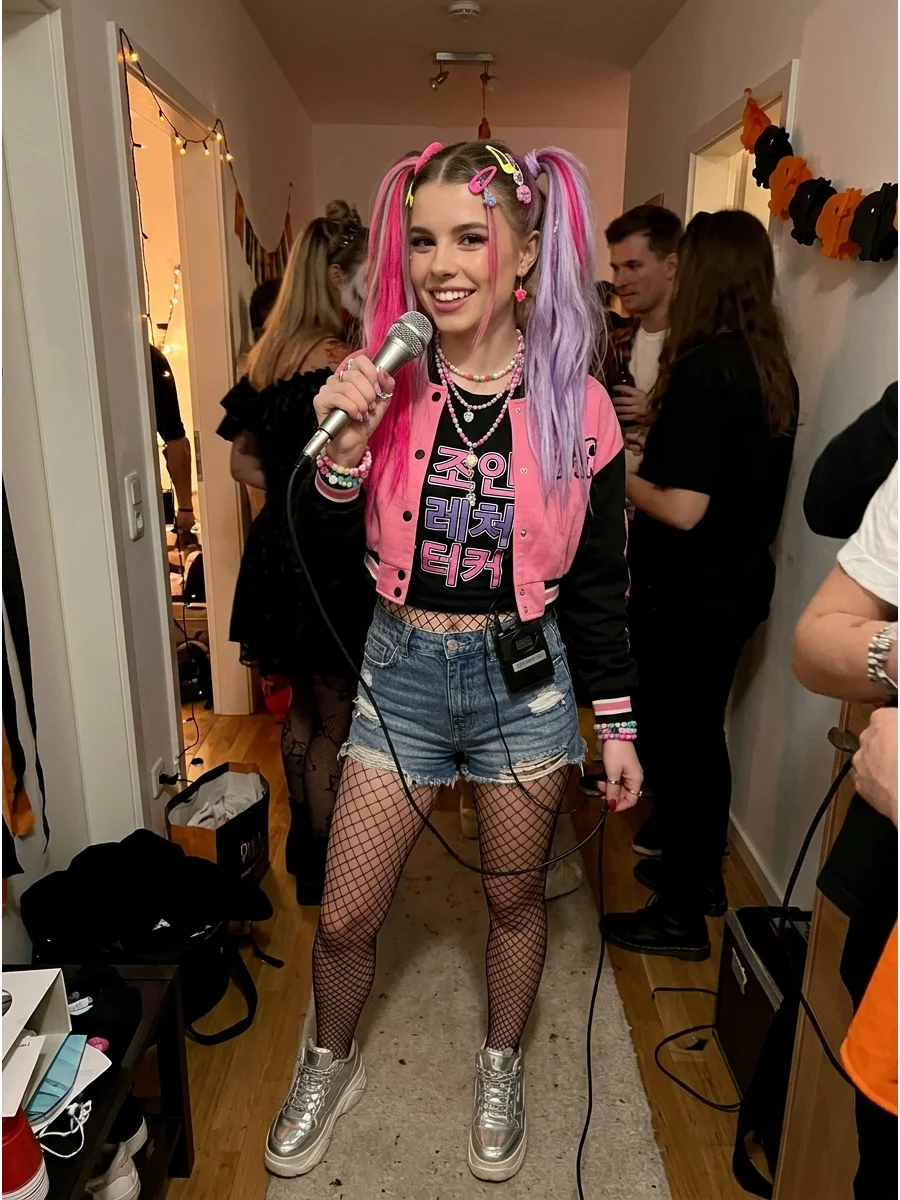 Zoey From KPop Demon Hunters. Capture Zoey’s energetic style with playful streetwear, bright accessories, colorful hair details, chunky shoes, and a coordinated microphone for an i