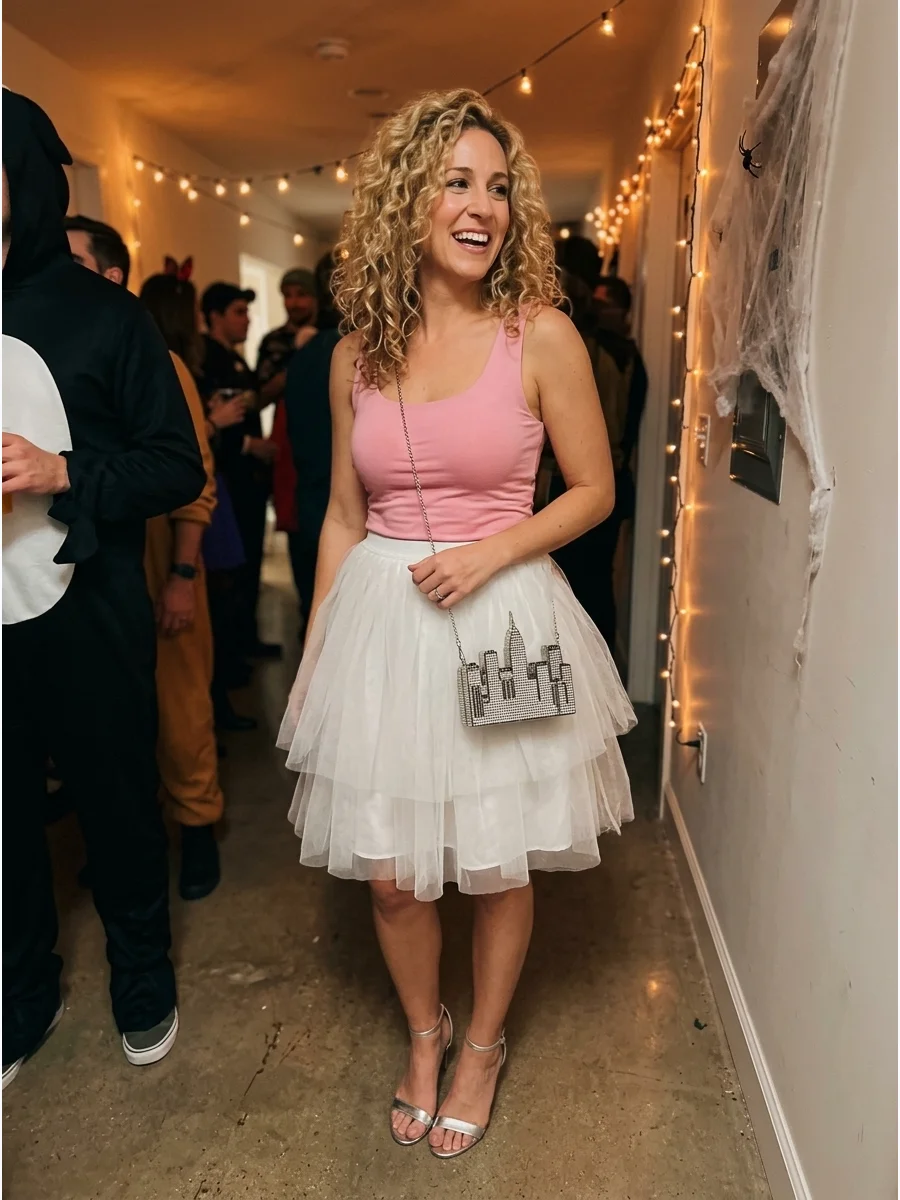 Carrie Bradshaw From Sex and the City. Recreate Carrie’s opening-credit outfit with a pink tank top, white tulle skirt, strappy heels, curly hair, and a small city-inspired handbag