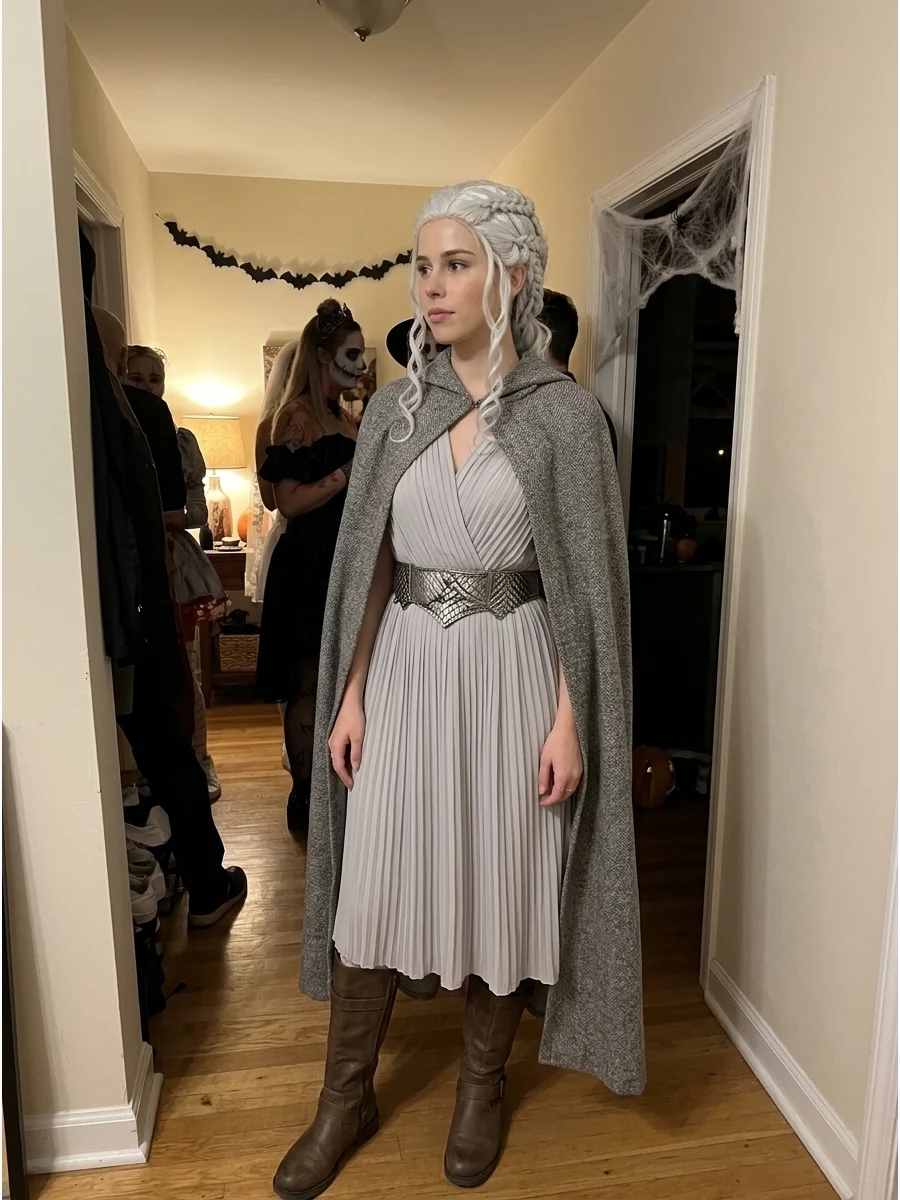 Daenerys Targaryen. Wear a long pale dress, textured cape, metallic belt, tall boots, and an icy-blonde braided wig for a recognizable fantasy costume. Iconic halloween costumes wo