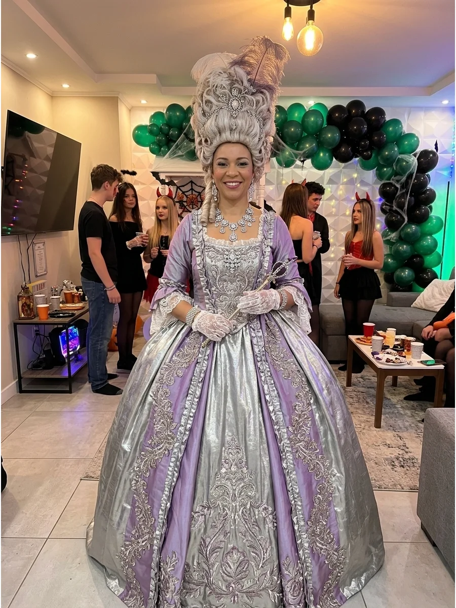 Queen Charlotte. Create an extravagant royal look with a wide ball gown, embroidered fabric, sparkling jewelry, decorative gloves, and a tall powdered wig. Iconic halloween costume