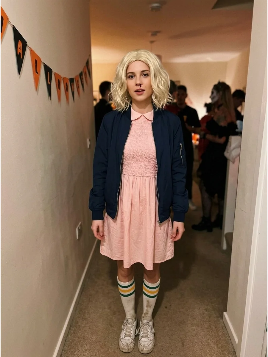 Eleven From Stranger Things. Recreate Eleven’s classic first-season outfit with a pink dress, blue jacket, striped socks, white sneakers, and a short brown wig. Iconic halloween co