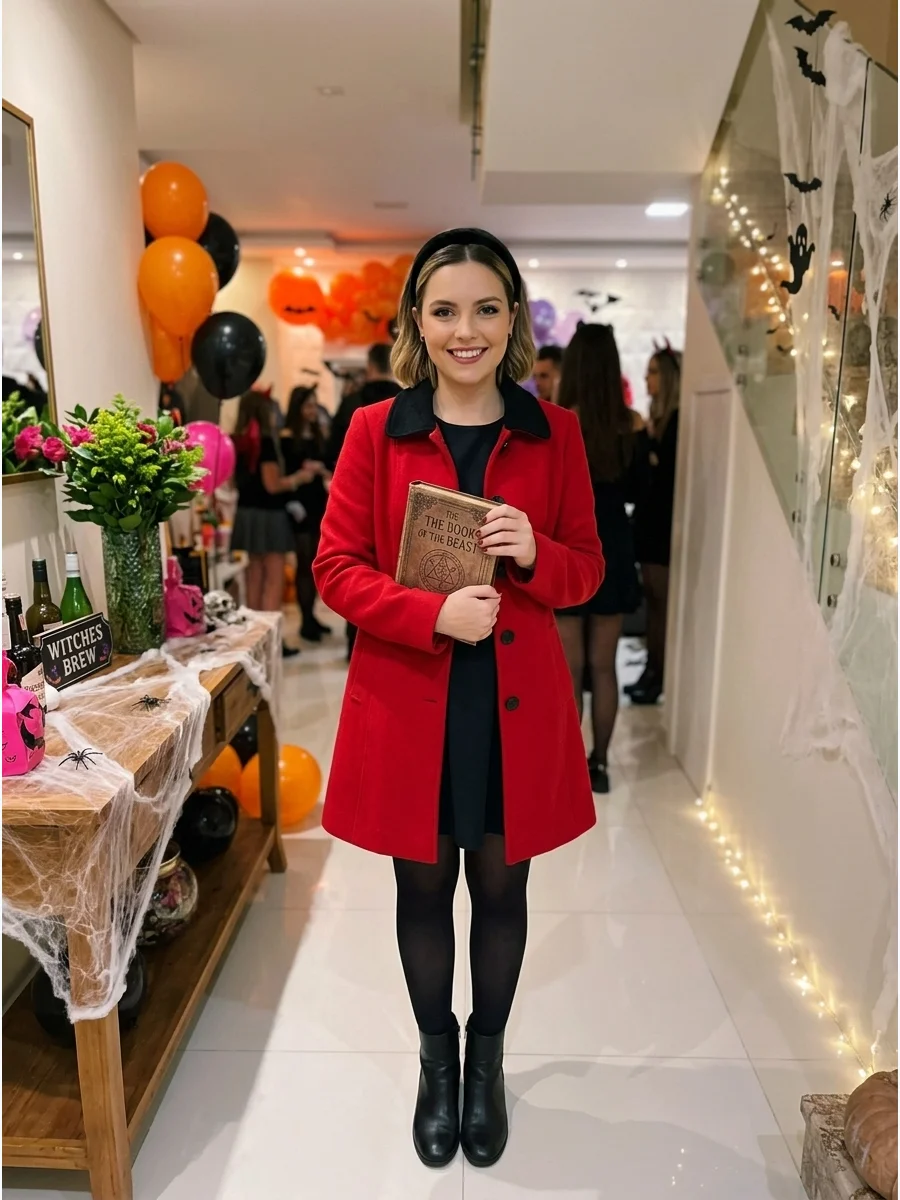 Sabrina Spellman. Wear a red coat over a dark dress with black tights, a velvet headband, ankle boots, and a vintage-looking spell book for Sabrina’s modern witch style. Iconic hal