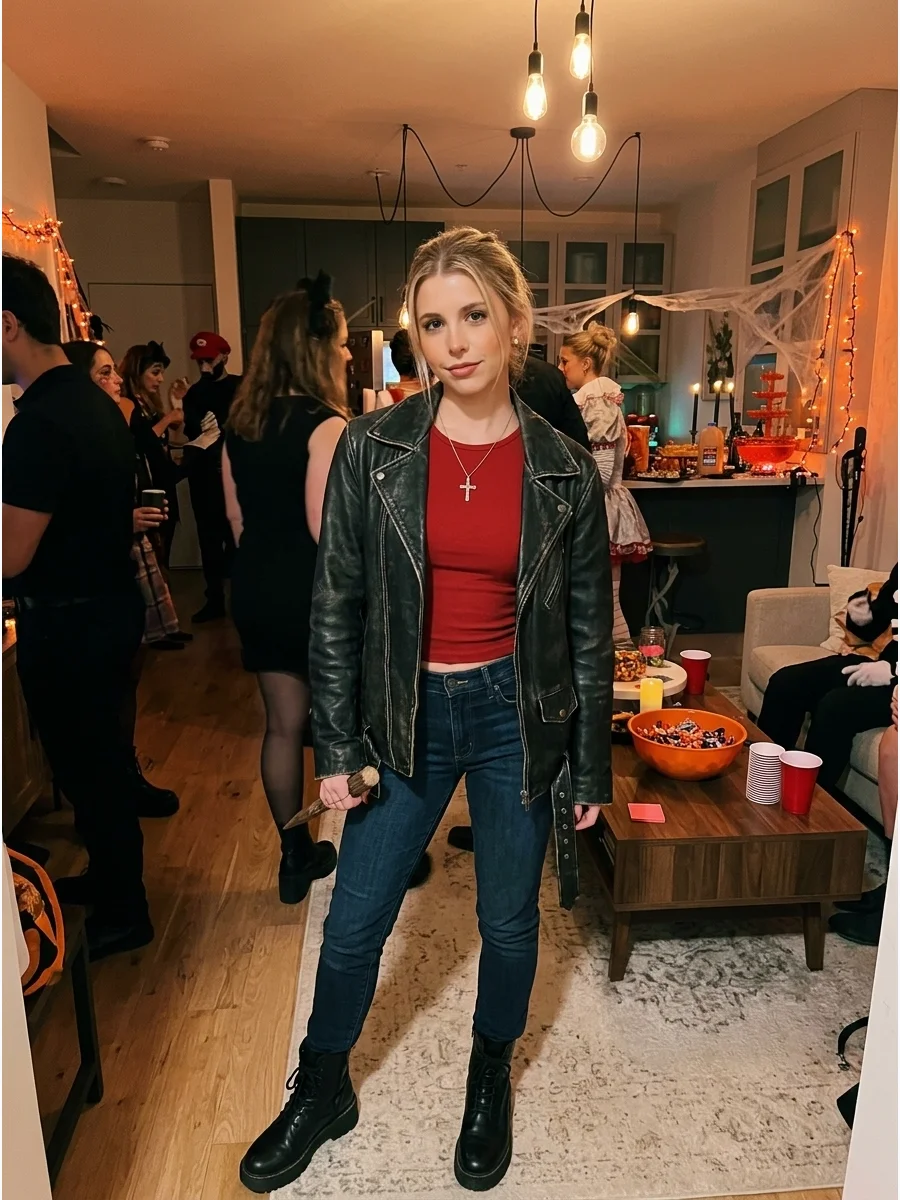 Buffy Summers. Combine a leather jacket, fitted top, dark pants, boots, and a simple cross necklace for a practical costume inspired by the iconic vampire slayer. Iconic halloween