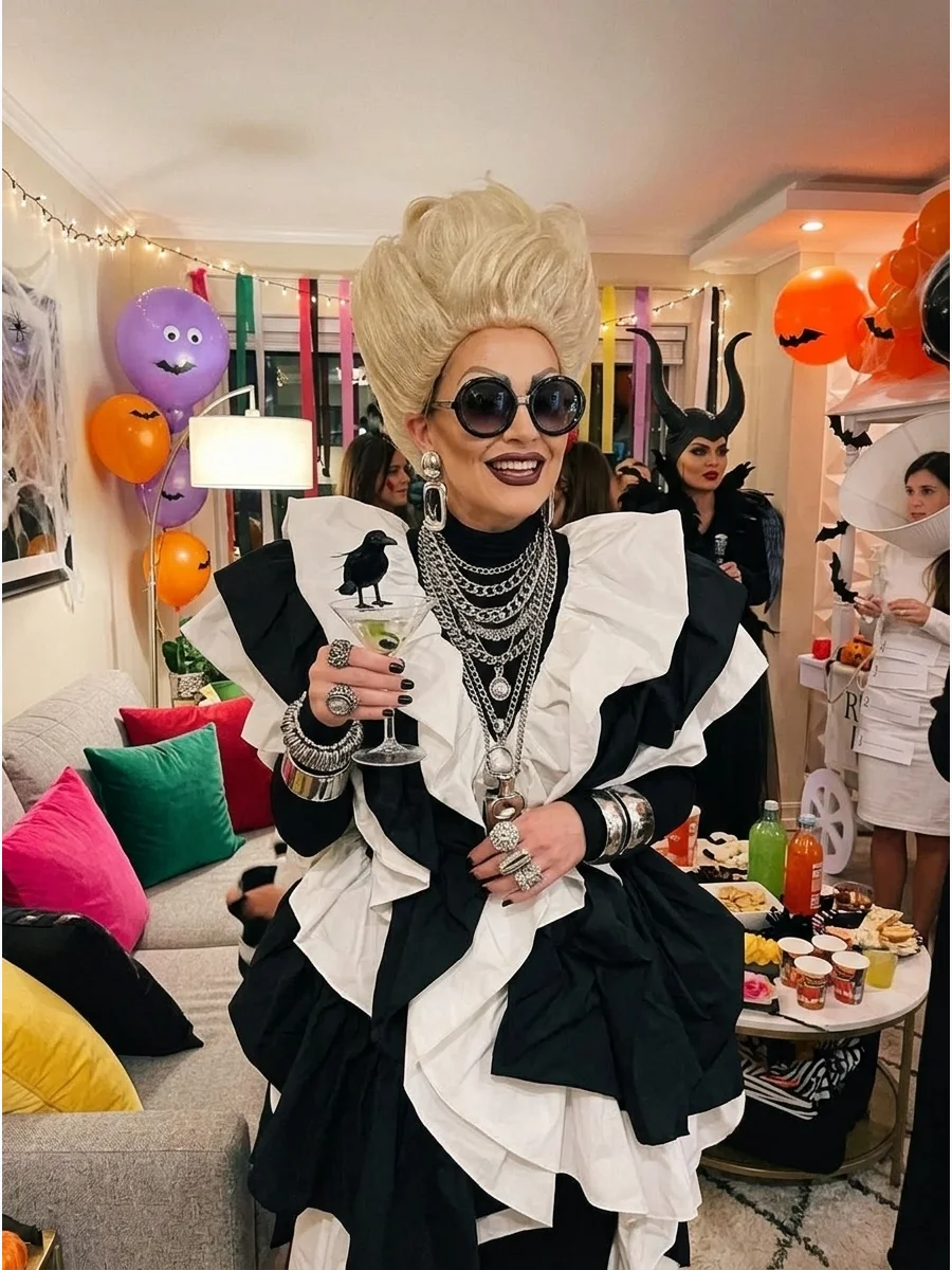 Moira Rose. Wear an extravagant black-and-white outfit with oversized jewelry, dramatic makeup, an unusual blonde wig, and large sunglasses for a hilarious Moira Rose costume. Icon