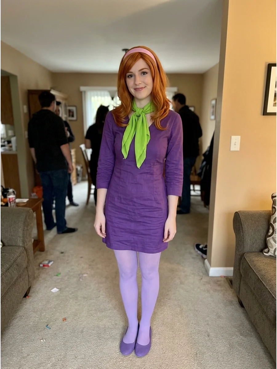 Daphne Blake. A purple dress, lavender tights, green scarf, pink headband, and matching shoes make Daphne one of the easiest recognizable group or solo costumes. Classic Spooky Cos