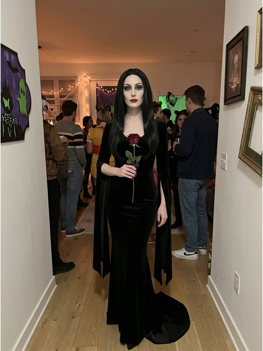 Morticia Addams. Wear a floor-length black dress with dramatic sleeves, long straight black hair, pale makeup, dark eyes, and deep red lipstick for an elegant gothic costume. Iconi