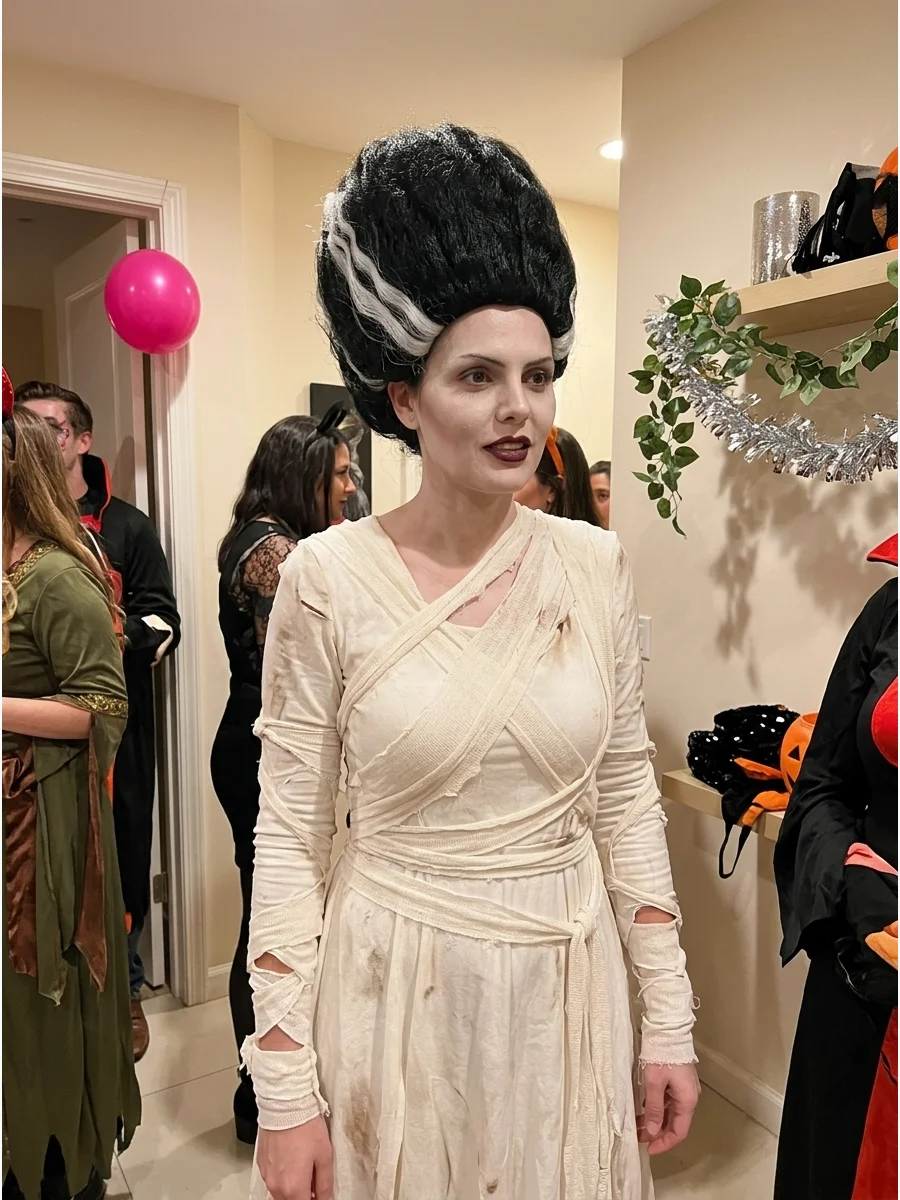Bride of Frankenstein. A long white gown, wrapped bandage details, pale makeup, dark lipstick, and a tall black wig with white streaks create this legendary horror look. Iconic hal