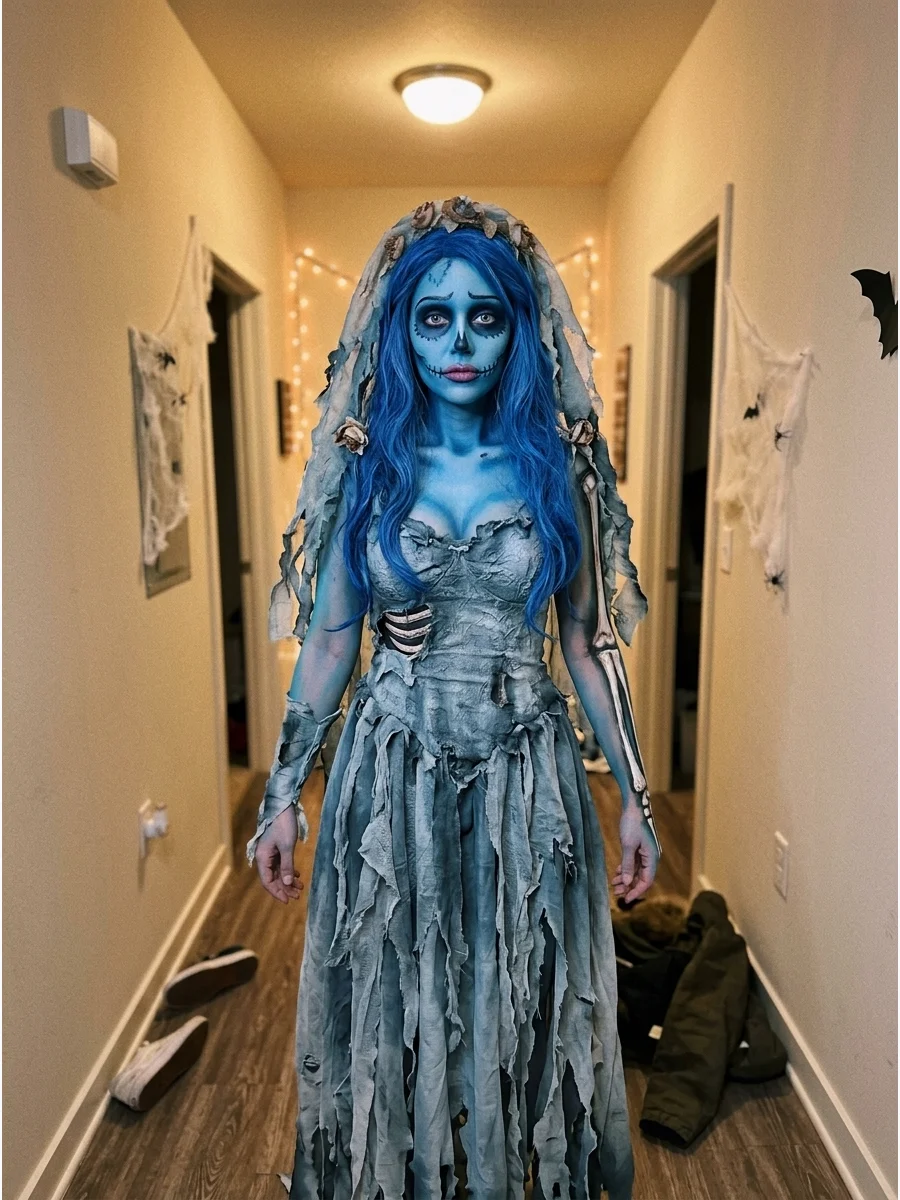Corpse Bride. Wear a distressed blue-gray wedding dress, torn veil, blue face makeup, dark eye details, and a long blue wig for a haunting bridal costume. Iconic halloween costumes