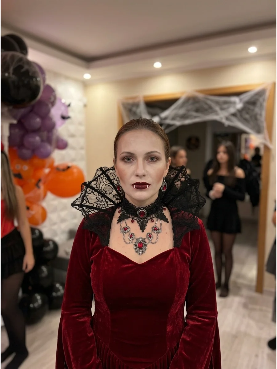 Vampire Queen. Choose a dark red or black velvet gown with a high collar, gothic jewelry, pale makeup, deep lipstick, and subtle fang makeup. Iconic halloween costumes women